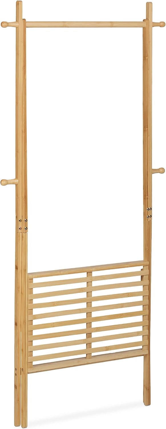 Detalle 2 de Relaxdays Bamboo Clothes Rack, foldable rail with shelf and 4 hooks, brown