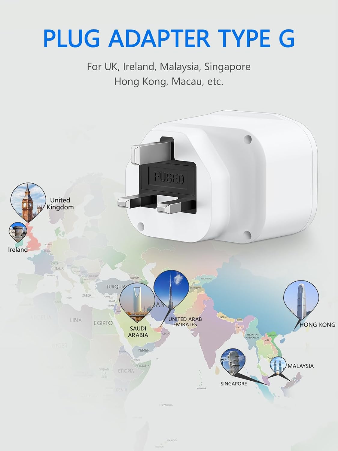 Detalle de LENCENT Reiseadapter UK – 4-in-1 Typ-G Stecker mit 2 USB-C PD/ QC3.0 Anschlüssen (2er Set)