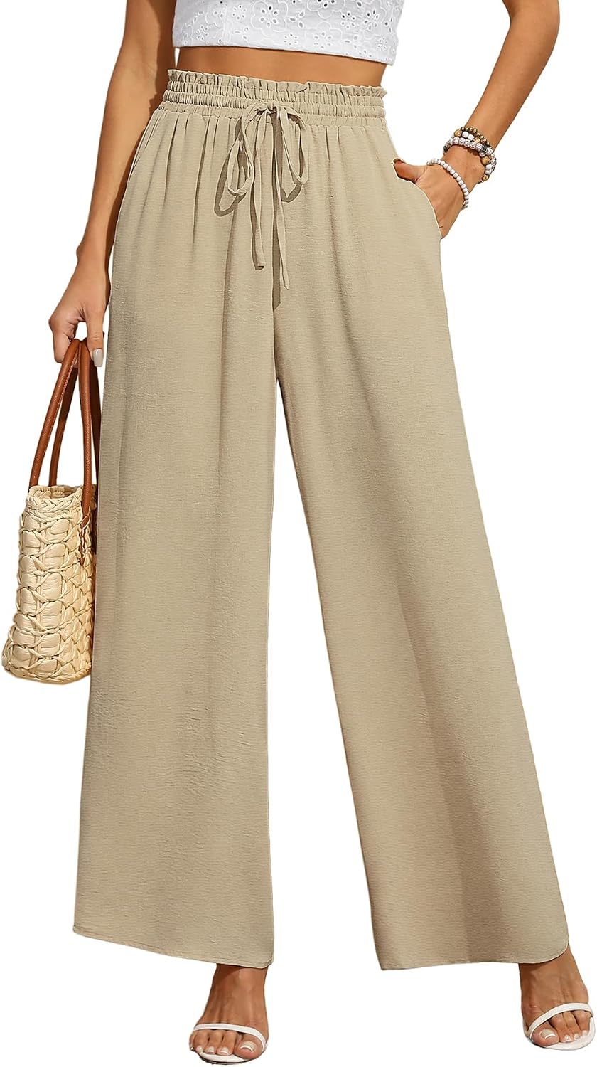 Detalle de BEIGAI Palazzo-Hose für Damen mit hoher Taille, Kordelzug und Seitentaschen