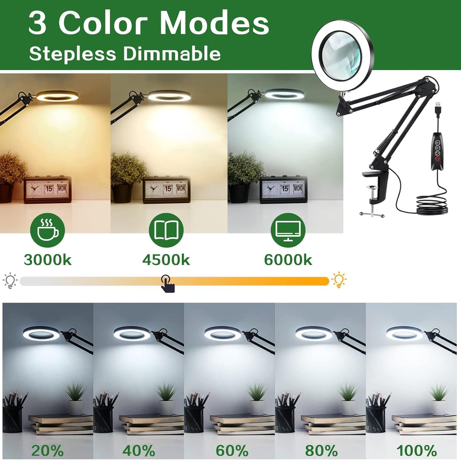 Thumbnail 2 de Lupe mit Licht: 10x & 15x Vergrößerung, Lupenleuchte mit Klemme und 360° Arm – ideal für feine Handarbeiten