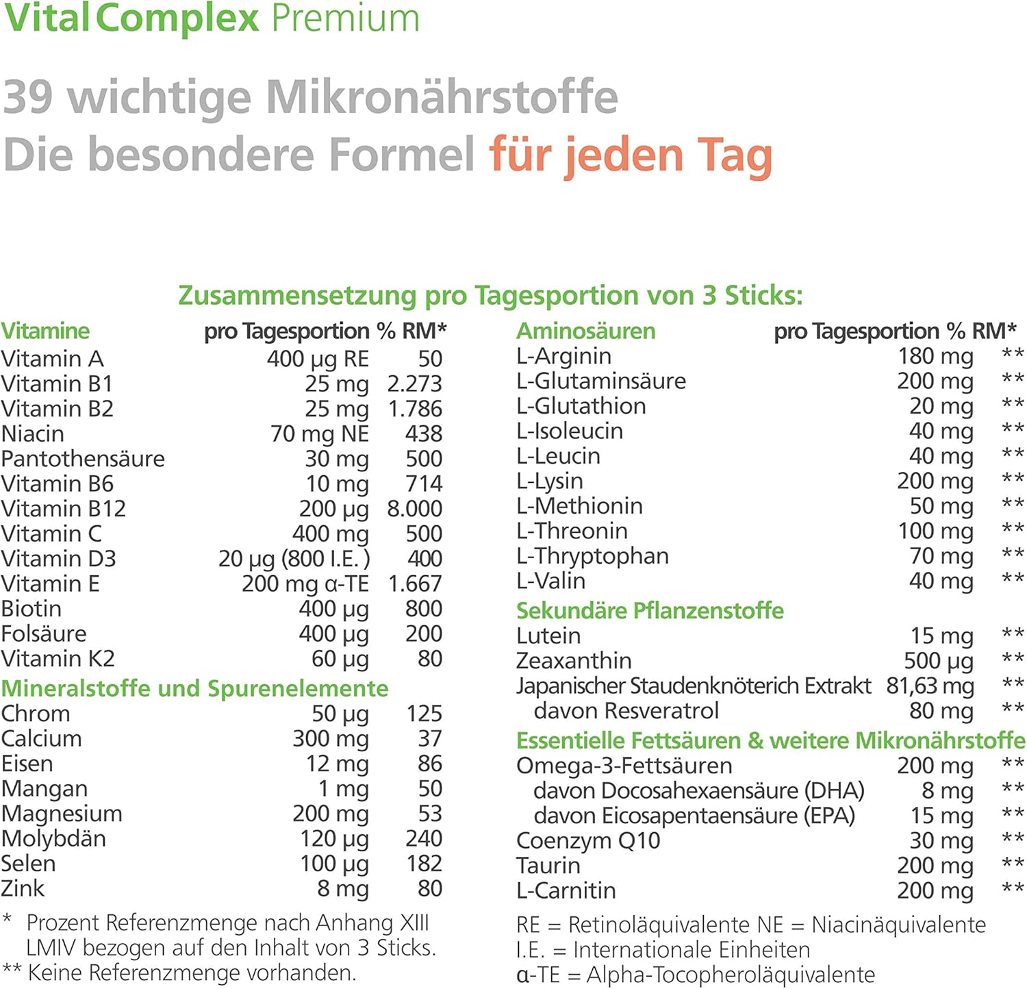 Thumbnail 4 de VitalComplex Premium – 39 ausgewählte Mikronährstoffe (Vitamin-B-Komplex, Aminosäuren & Multivitamine) in Sticks