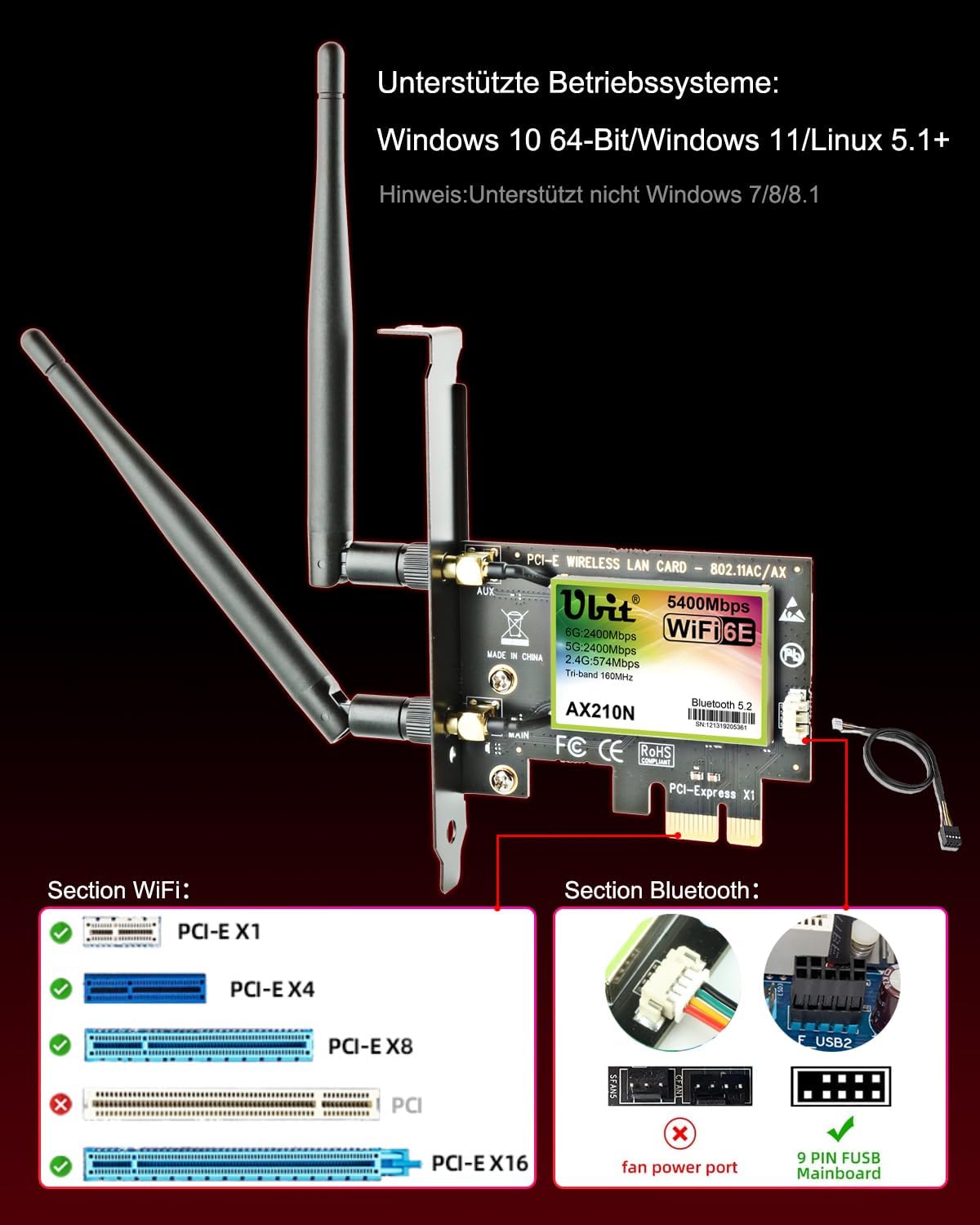 Thumbnail 5 de Ubit WiFi 6E AXE5400 PCIe WLAN Karte