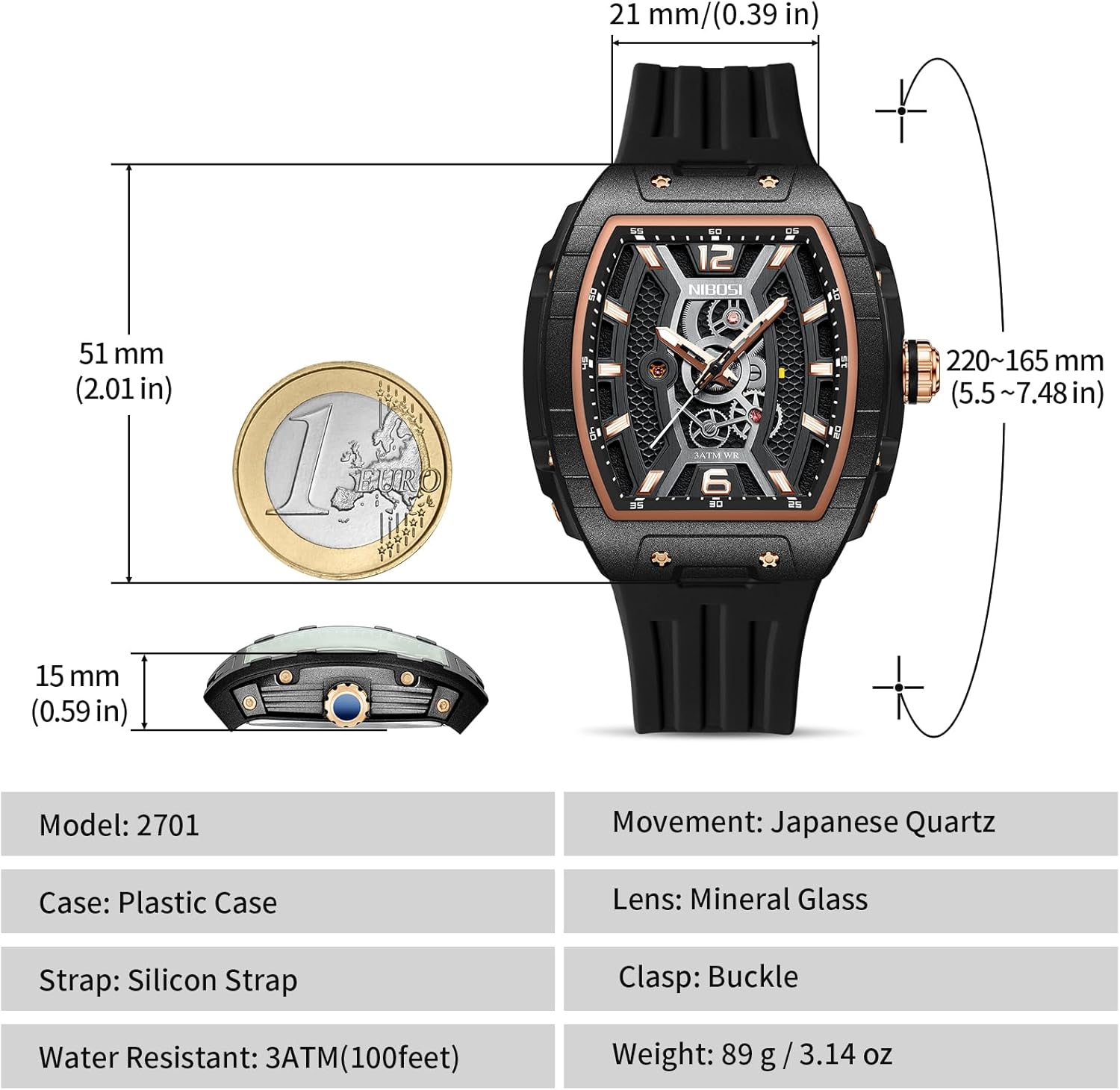 Thumbnail 2 de NIBOSI Orologio da uomo quadrato: stile, quarzo giapponese e resistenza 3 ATM