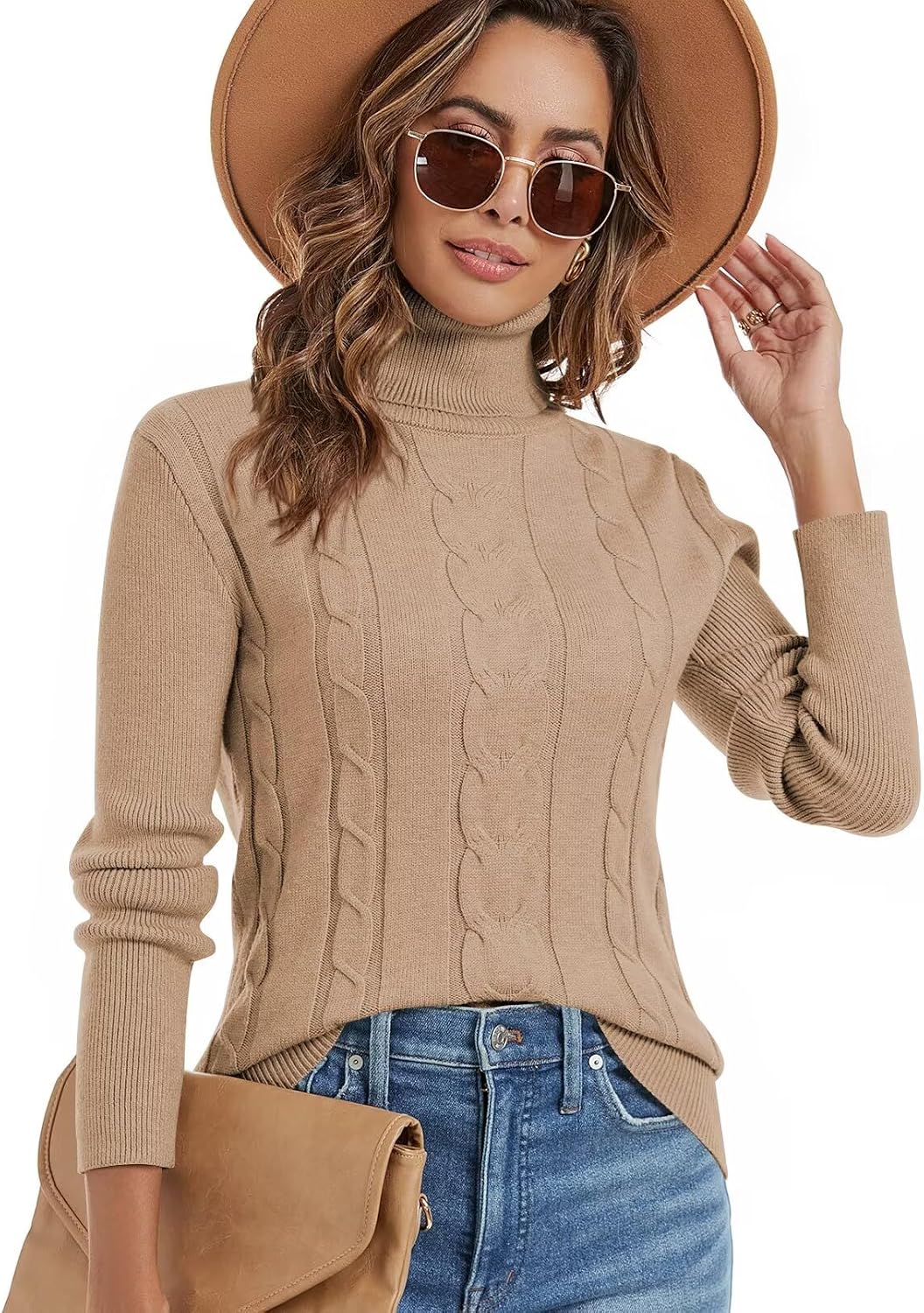 Detalle 2 de JOCAFIYE Cable-Knit Turtleneck Sweater for Women, Long-Sleeve Pullover
