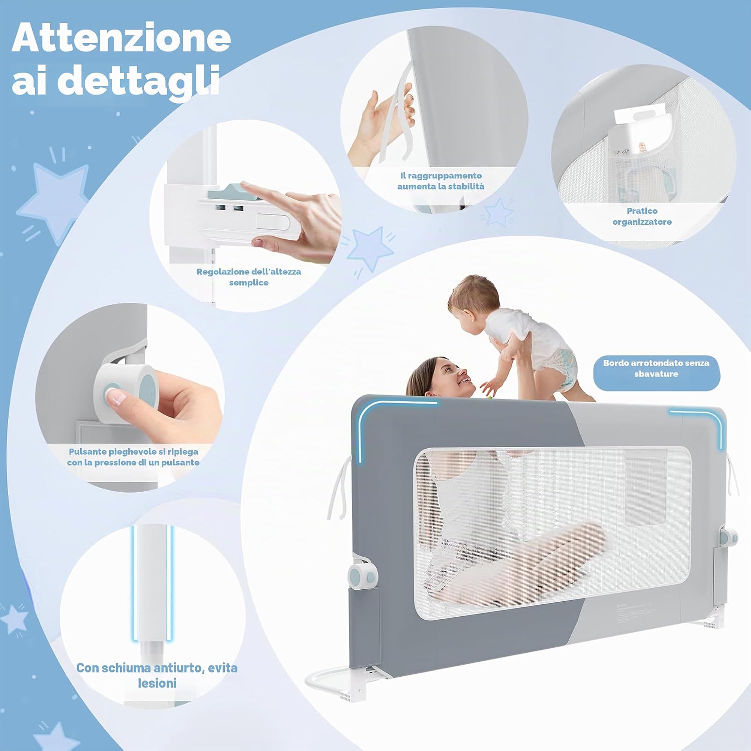 Thumbnail 6 de LZQ Zanzariera per letto per bambini, pieghevole e regolabile 72–86 cm di altezza (180 cm) - protezione anti-caduta universale