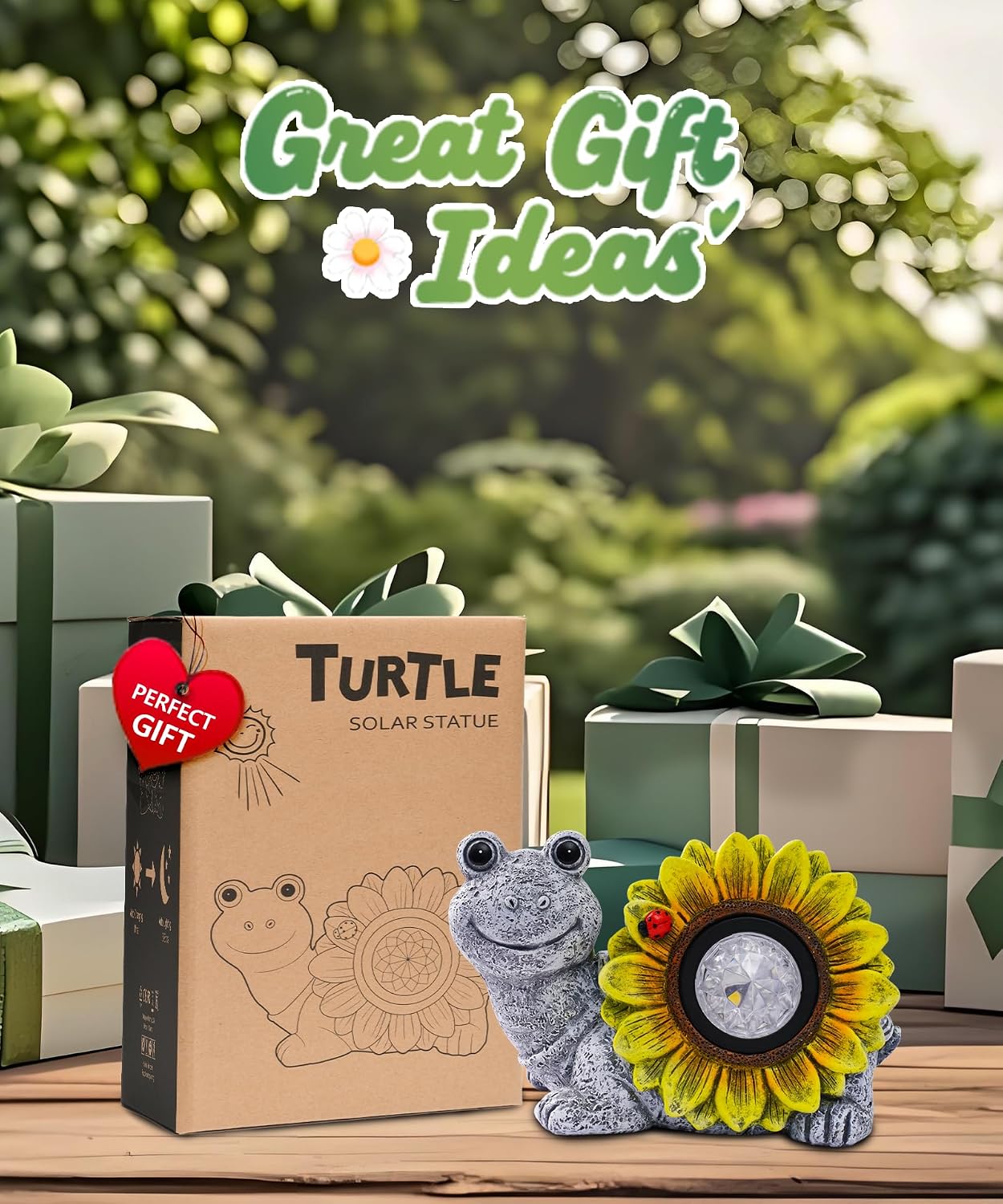 Detalle 2 de Yeomoo Solar Schildkröte Deko Figur mit Sonnenblume & Käfer – wetterfestes Ambiente im Garten & Zuhause