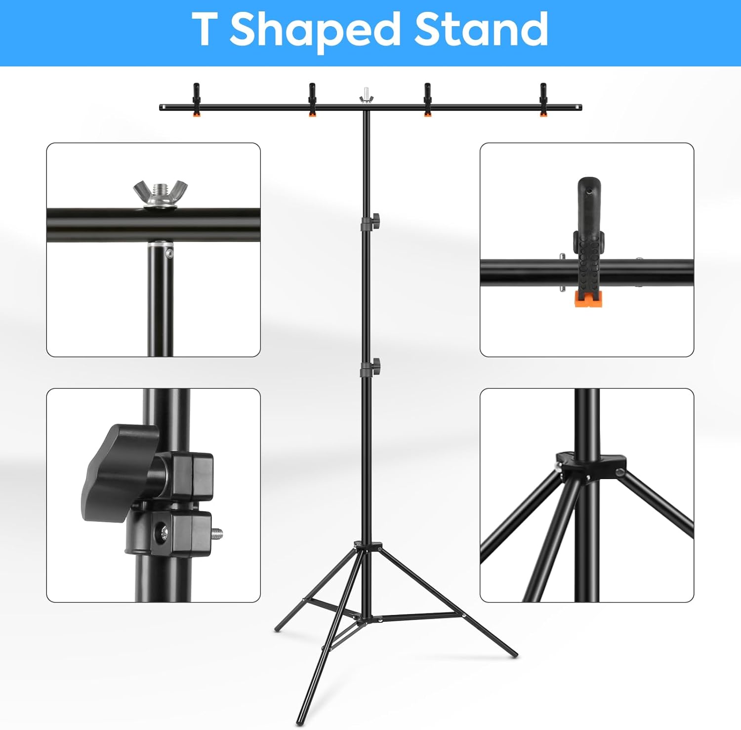 Detalle 2 de T-Shaped Backdrop Stand 2x2.6m (Huzofexo) portable aluminium background holder with clips