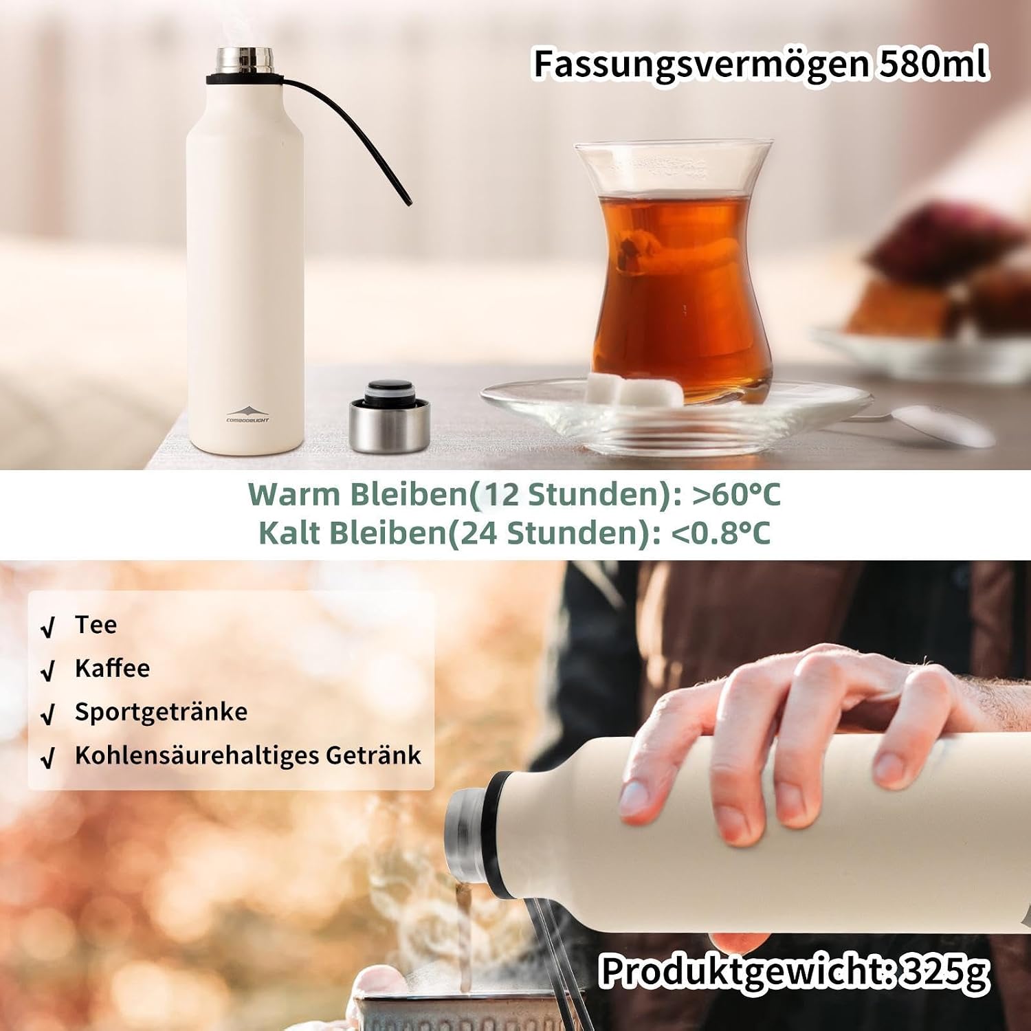 Detalle 2 de Combo Delight Edelstahl-Trinkflasche 580 ml (kohlensäuregeeignet) – auslaufsichere Isolierflasche für unterwegs