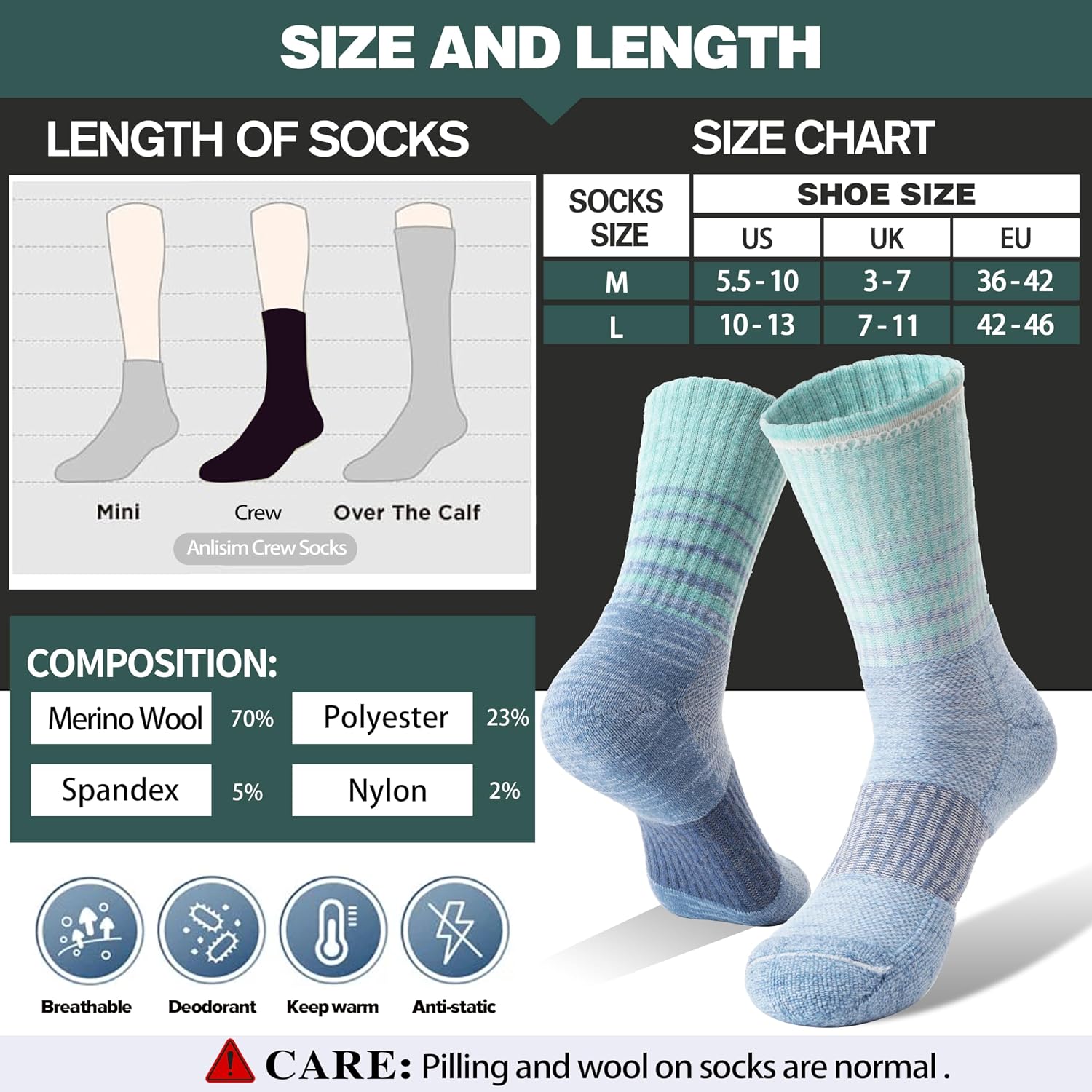 Detalle 2 de Anlisim Merino Wool Hiking & Running Socks for Women, 5 Pairs with Arch Support