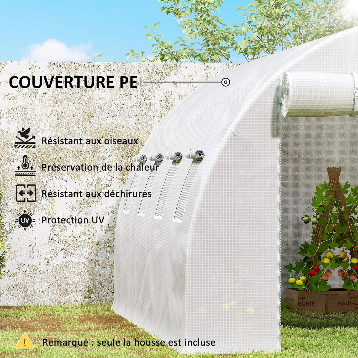 Thumbnail 4 de Outsunny Bâche de Rechange Serre Tunnel 12 m² – 4 x 3 x 2 m, PE Anti-UV, 8 fenêtres et porte enroulable