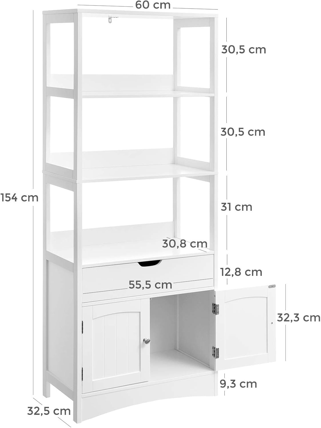Thumbnail 2 de VASAGLE BBC67WT Tall Storage Cabinet, White, with 3 Shelves, Drawer and Cupboard