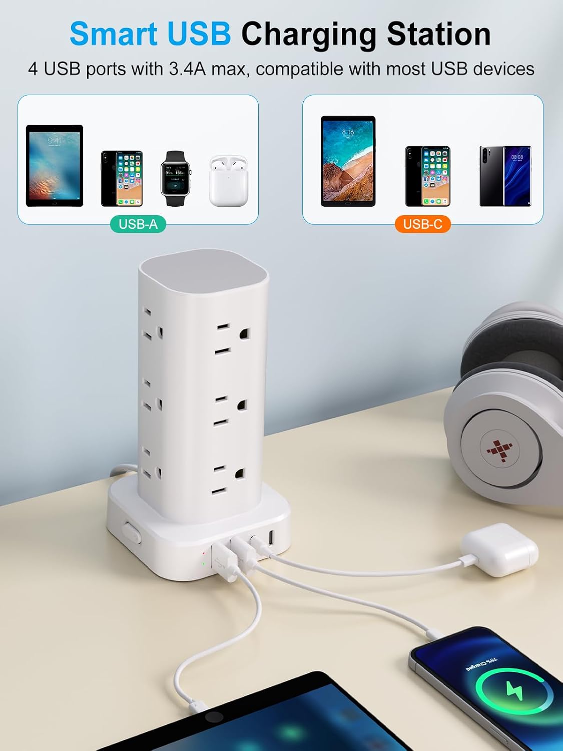 Detalle de Power Strip Tower with Wireless Charger: 17-in-1 Desk Organizer and Charging Hub