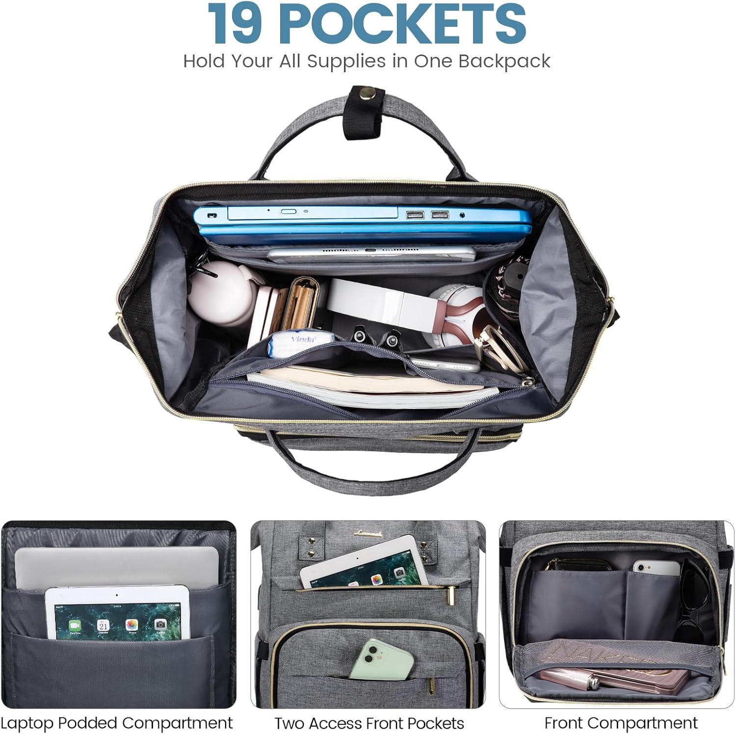 Detalle de LOVEVOOK Rucksack Damen Schulrucksack mit USB-Ladeanschluss – wasserdichter Laptoprucksack (dunkelgrau)