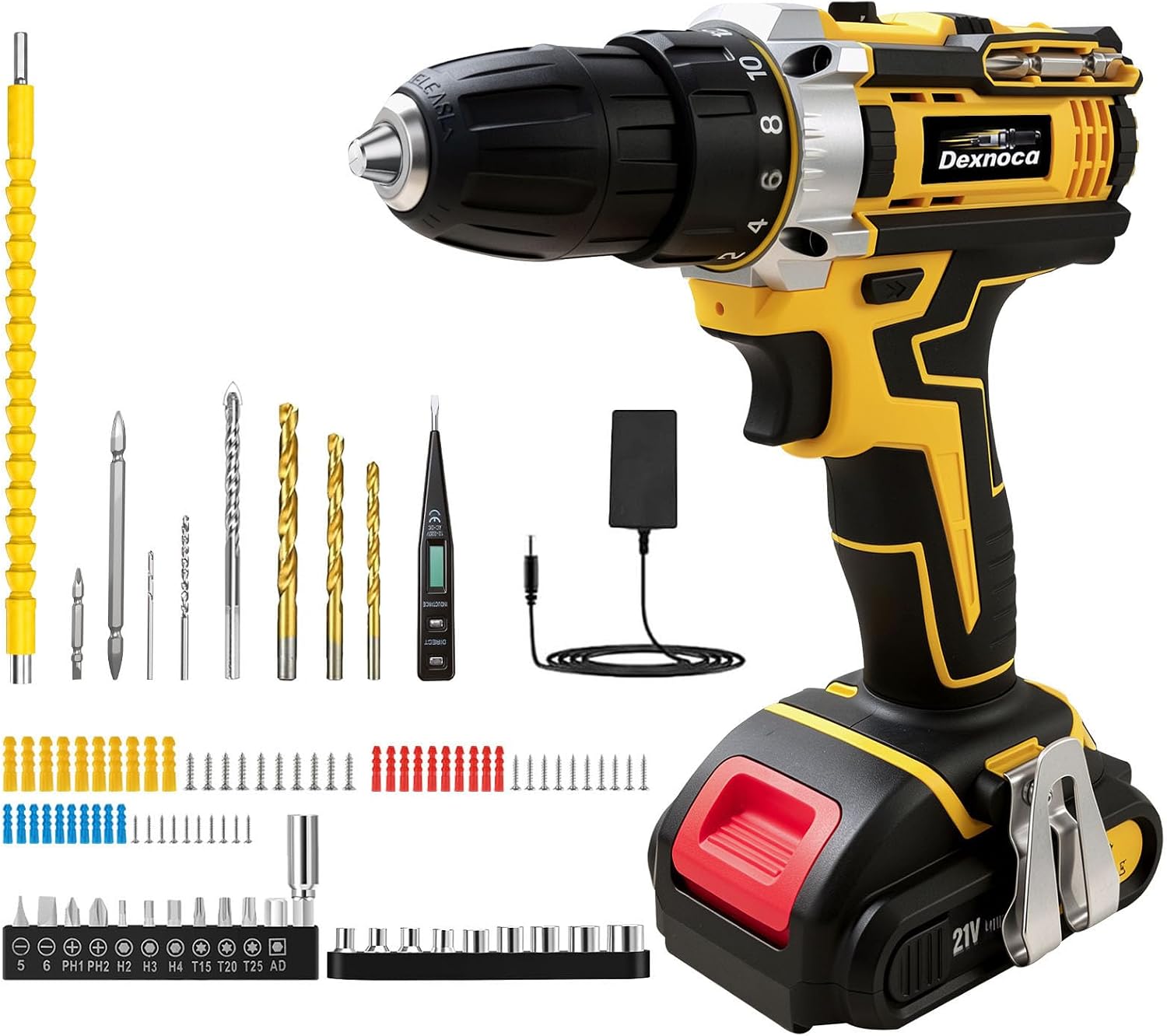 Detalle de Dexnoca 21V Cordless Drill Kit with 92 Pieces: Power, Precision and Convenience
