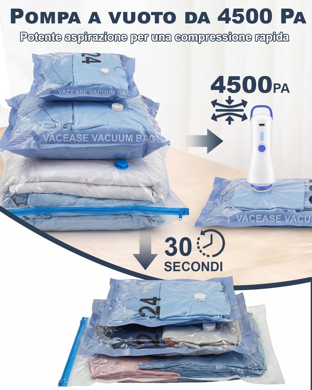 Detalle 2 de Raplink Sacchetti Sottovuoto Vestiti con Pompa Elettrica – 12 Buste (4x100x80, 4x74x54, 4x64x47) per Viaggi, Traslochi e Stoccaggio