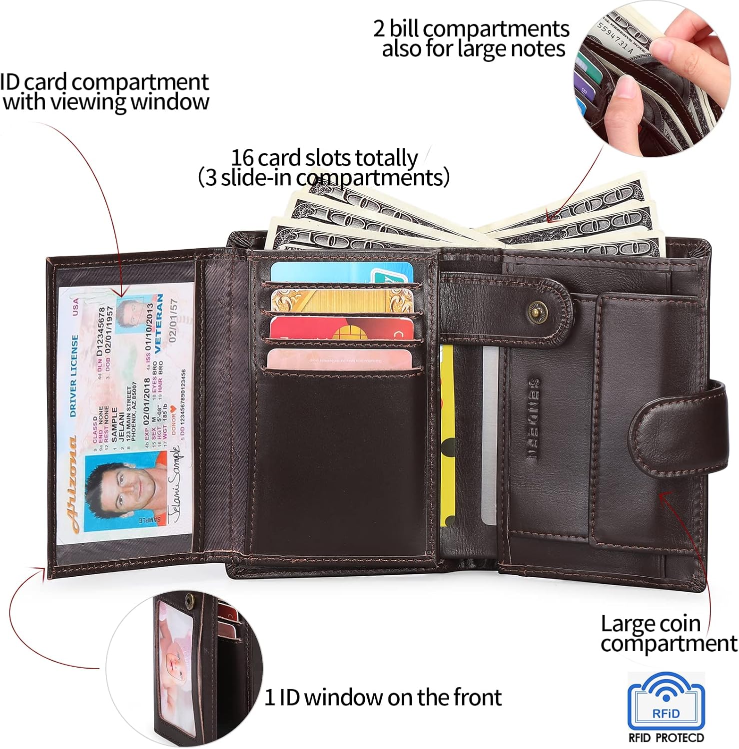 Detalle de SENDEFN Herren-Geldbörse groß, Trifold, echtes Leder, RFID-Blockierung, 18 Kartenfächer
