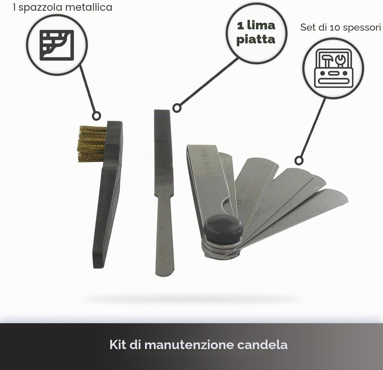 Detalle 2 de UNIVERSEL Kit manutenzione candela: spazzola, lima piatta e 10 cunei da 0,10 mm a 1 mm