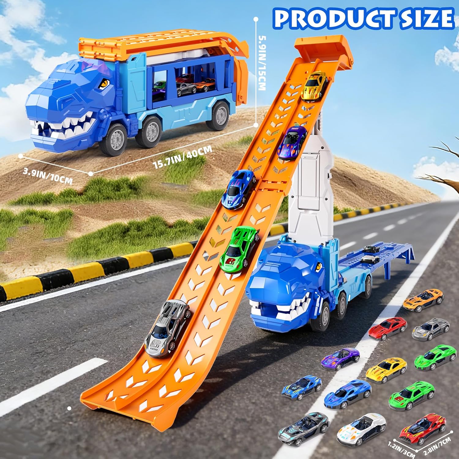 Thumbnail 6 de Doloowee Dinosaurier LKW Spielzeug-Set mit Kran und 12 Mini-Rennwagen (ab 3 Jahren)