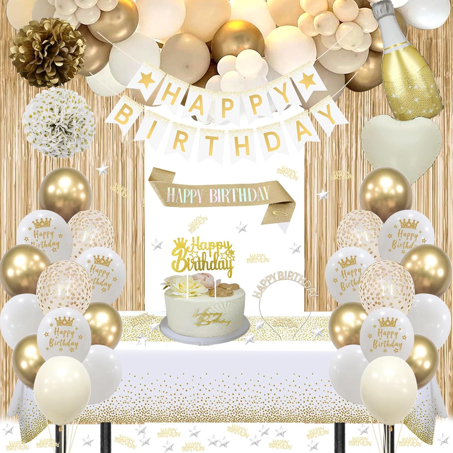 Detalle de Geburtstagsdeko Gold, Beige Gold Weiß Party Deko Set mit „Happy Birthday“-Banner & Ballons