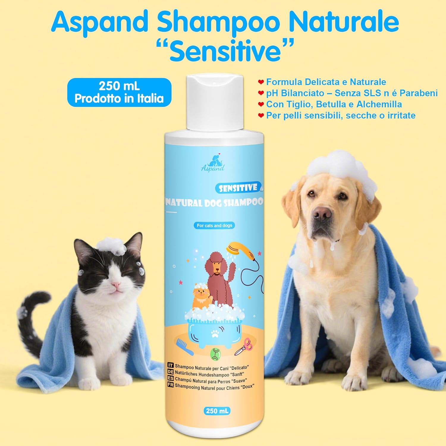 Thumbnail 1 de Aspand Shampoo Naturale Sensitive Delicato per cani adulti e cuccioli, senza profumo e coloranti, pH bilanciato – 250 ml