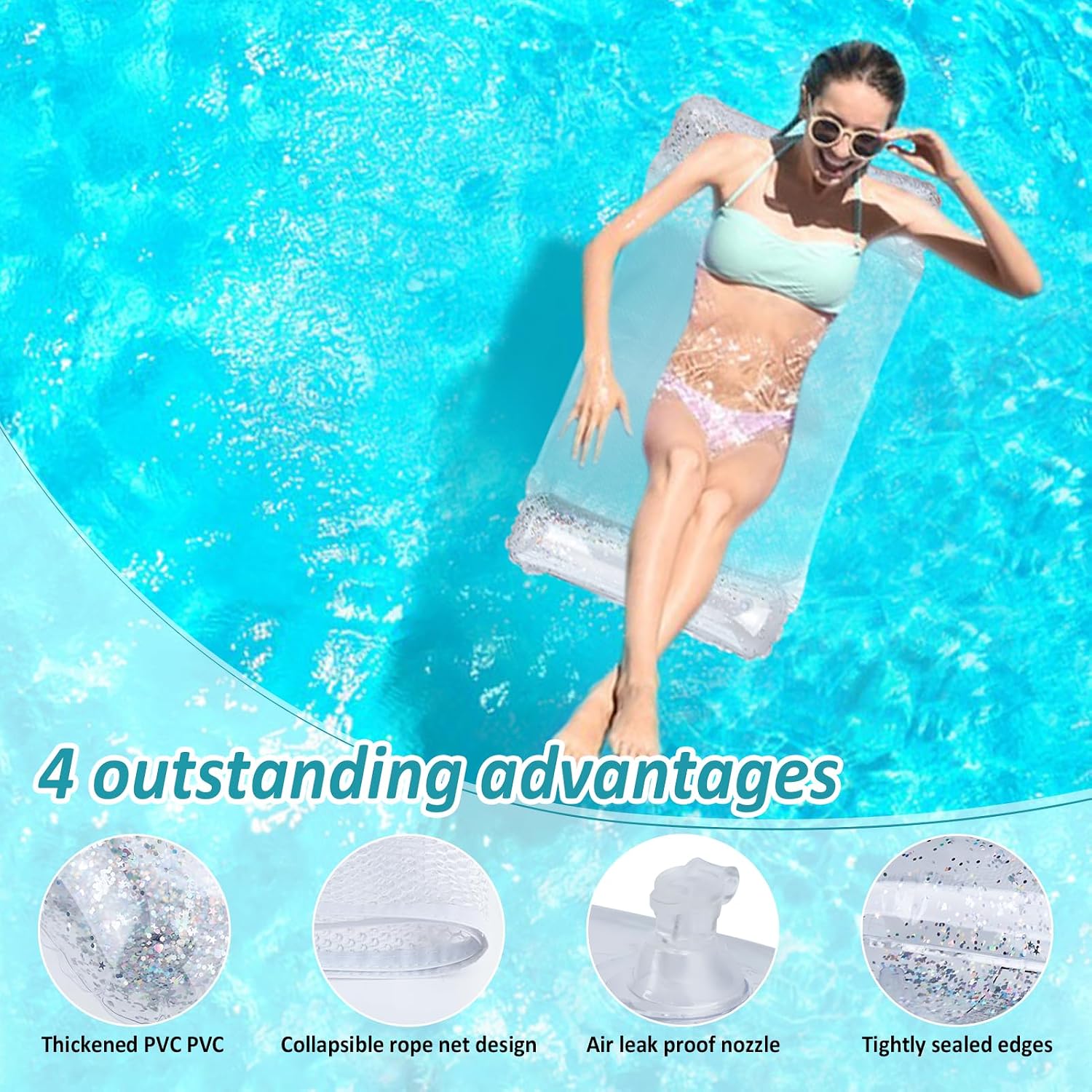Detalle 2 de CYFIE Amaca galleggiante con rete gonfiabile 4-in-1: relax e divertimento per piscina e spiaggia