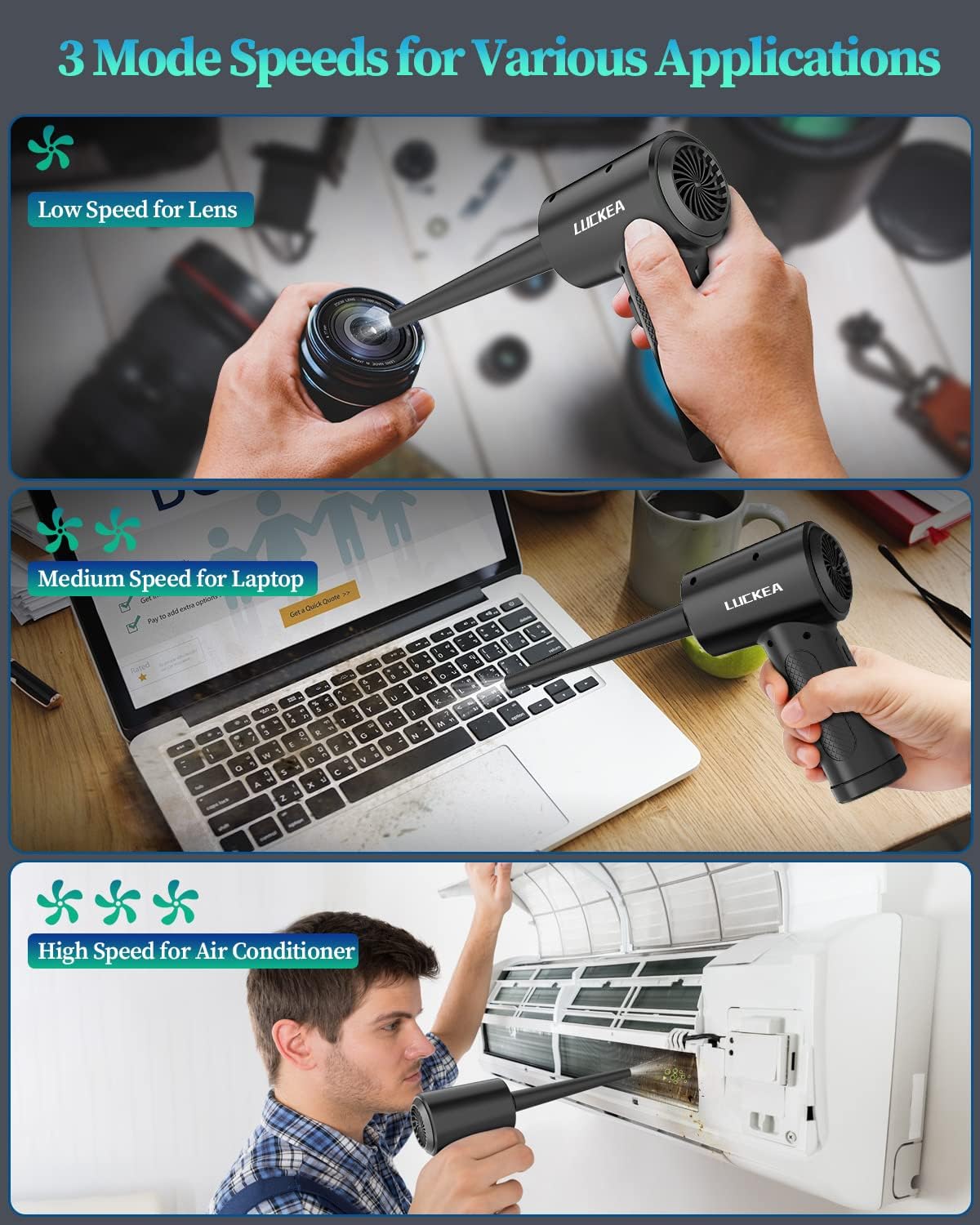 Detalle de Elektrische Staubgebläse Druckluftspray für PC Reinigung – 3-Gang Air Duster mit LED-Licht