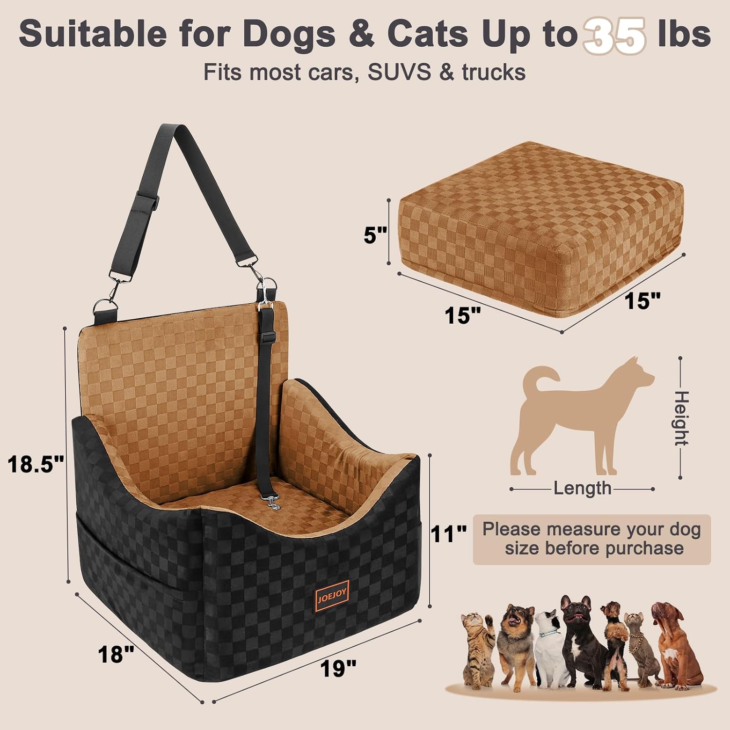 Thumbnail 6 de JOEJOY PET-BK-001-BN Elevated Dog Car Seat, Memory Foam, Brown