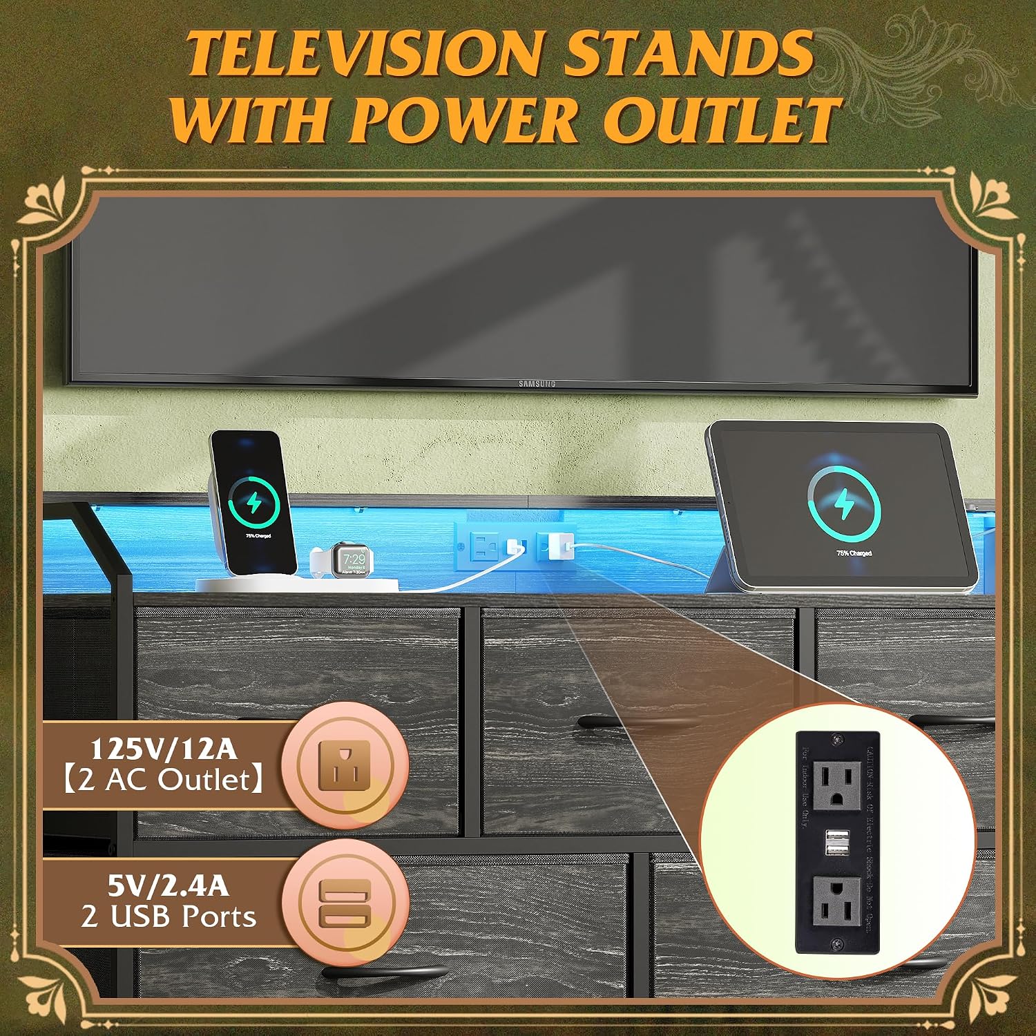 Thumbnail 5 de WLIVE Led Dresser with 8 Fabric Drawers and LED Lights — TV Stand & Storage for Bedroom