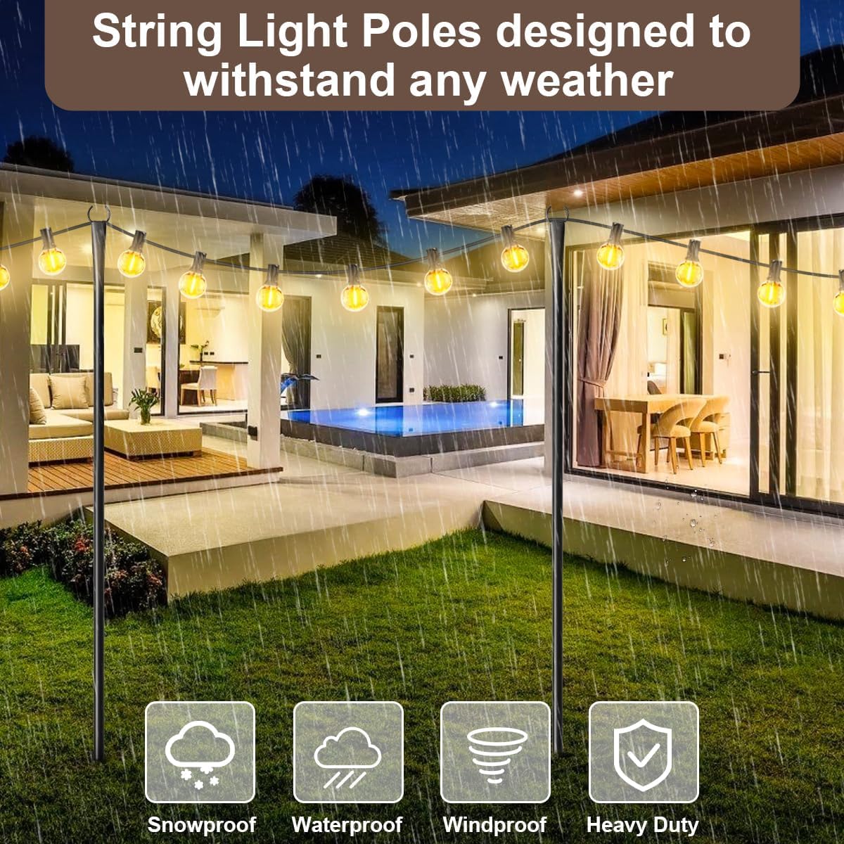 Detalle 2 de HoldOneLight 6 Pack 9.8FT heavy duty metal outdoor light poles with ground stake & fork hooks