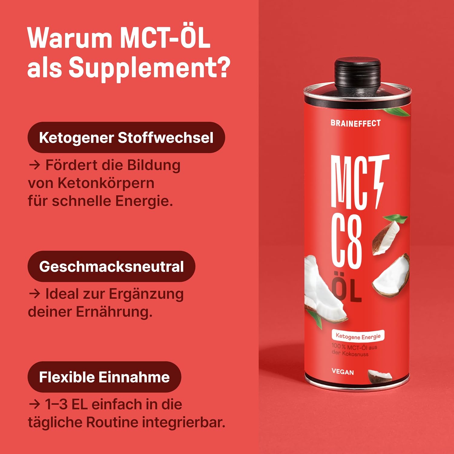 Detalle de Braineffect MCT-Öl C8 aus Kokosöl (Reiner Extrakt), 1 Liter – für Low Carb, Paleo & ketogene Ernährung