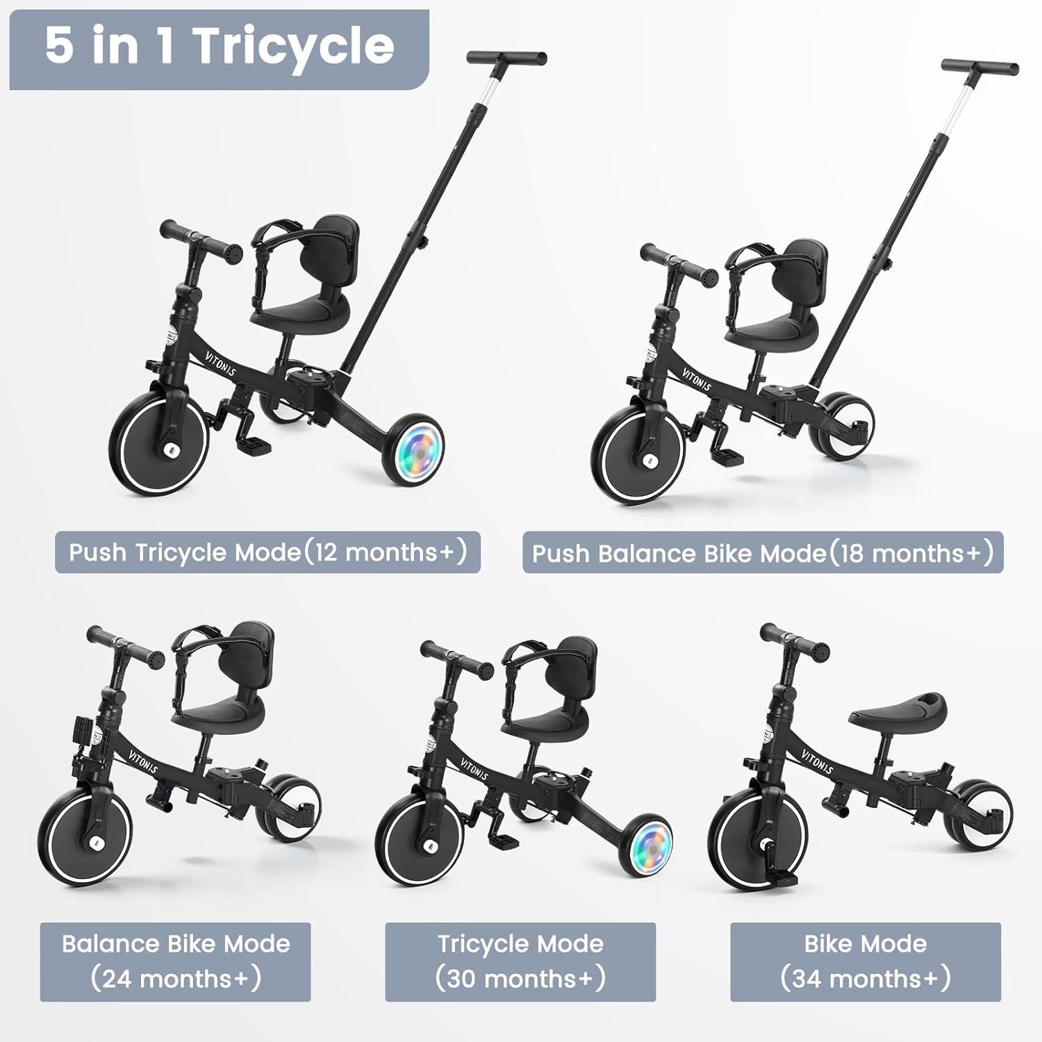 Thumbnail 2 de VITONIS Triciclo 5 in 1 per bambini 18 mesi–5 anni con ruote lampeggianti e cintura di sicurezza (nero)