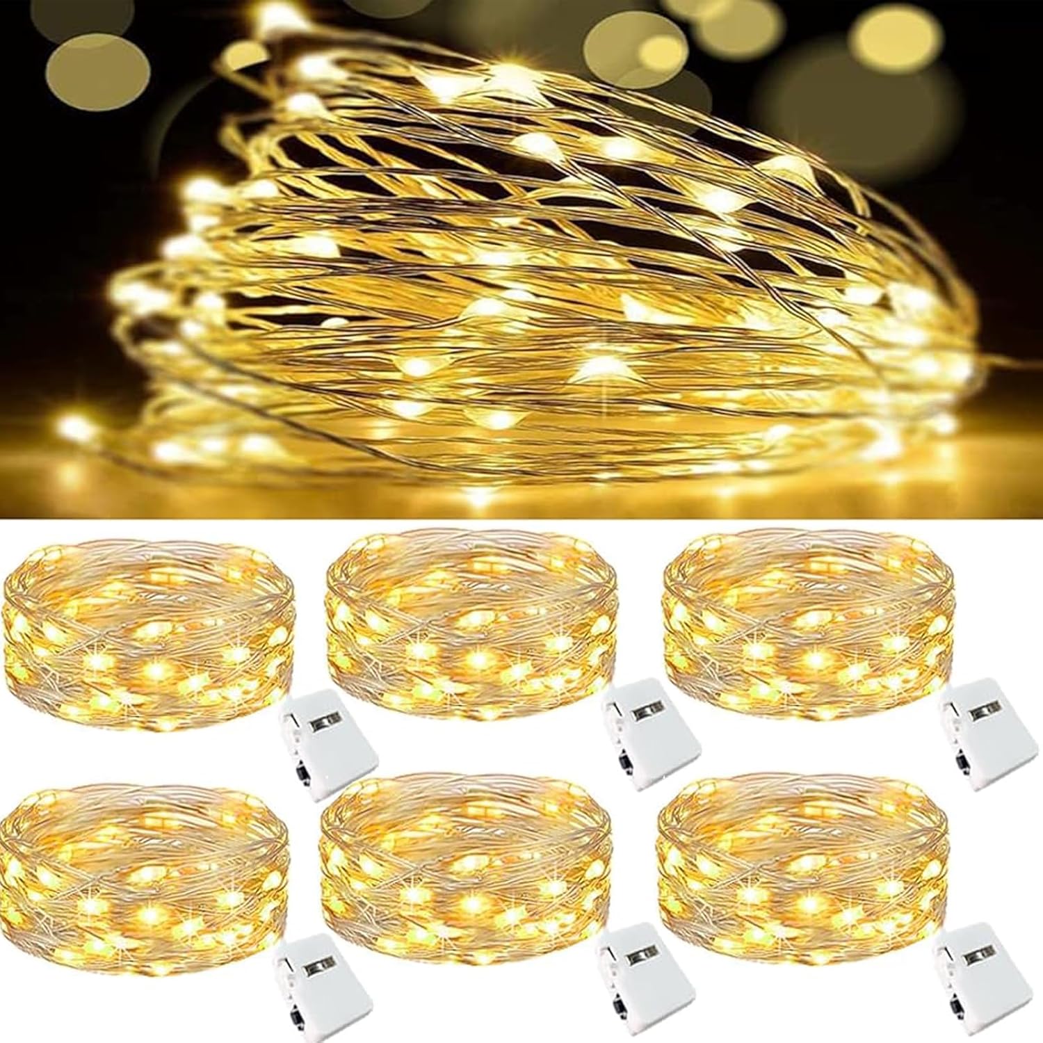 Detalle de LED-Lichterkette Batterie, 6er-Set, 2 m je Strang, 20 LEDs, 3 Modi – warmweiß