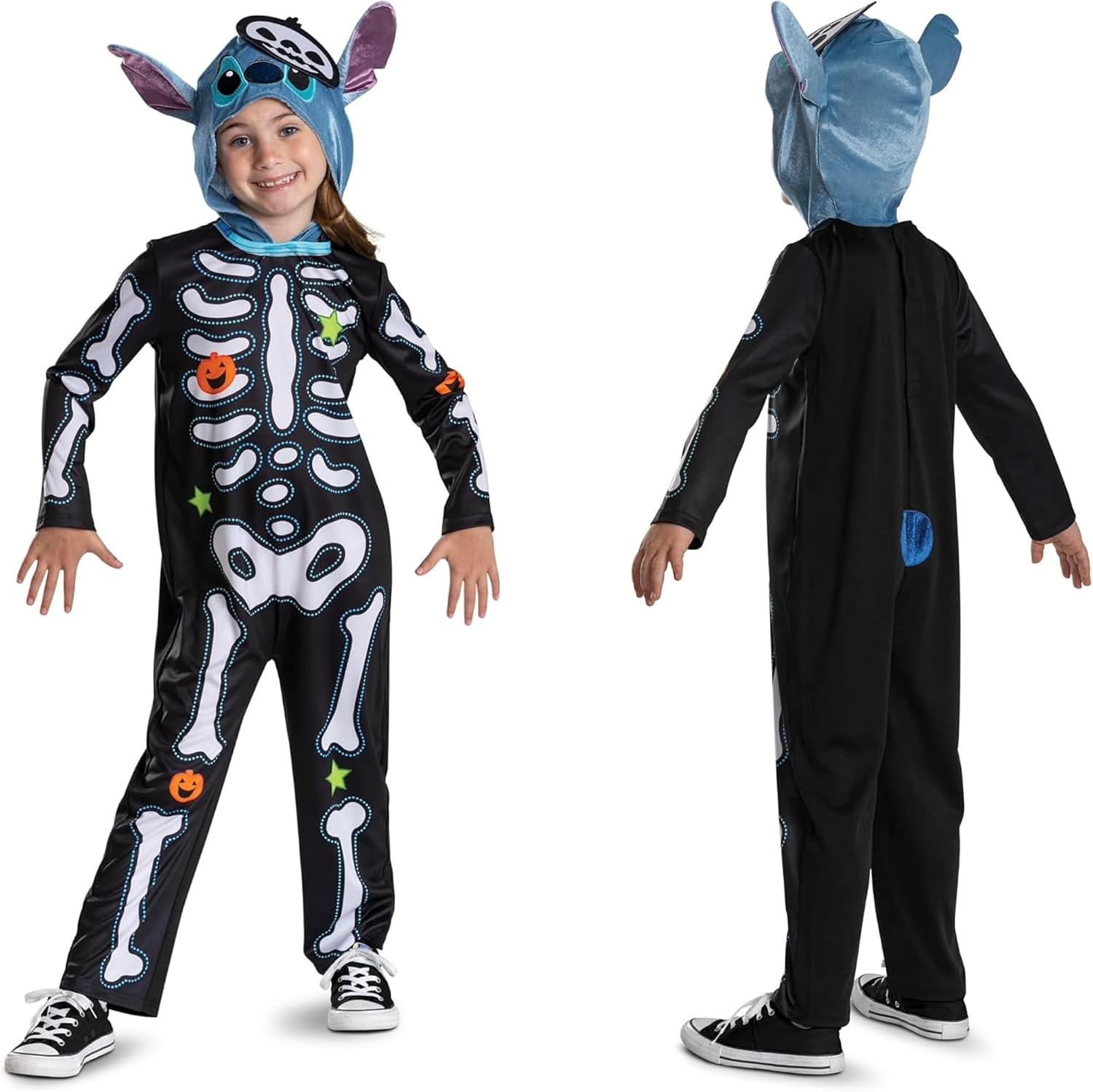 Detalle de Disney Stitch klassiek skeletkostuum voor kinderen met capuchon en kleurrijke print