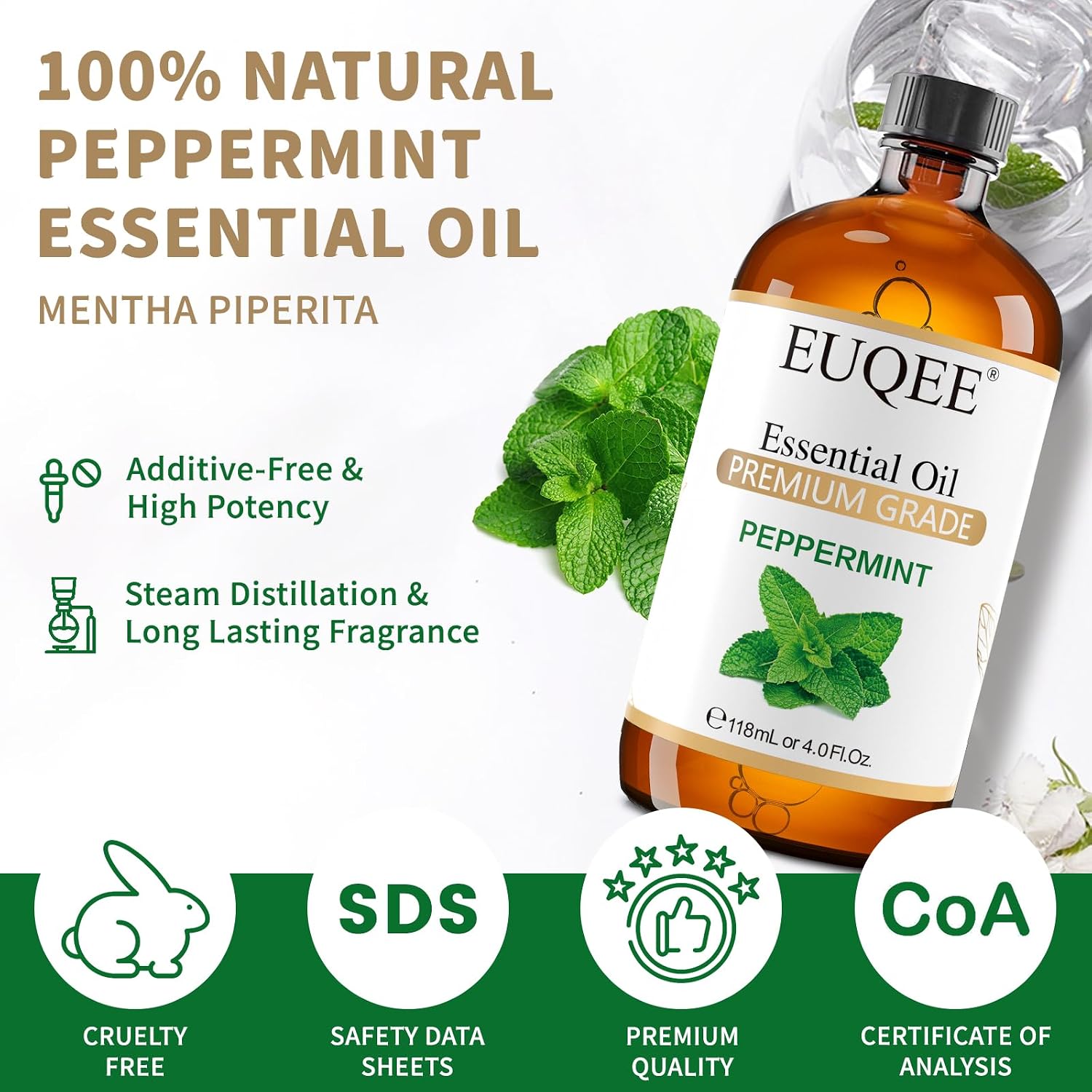 Detalle de EUQEE Peppermint Essential Oil 118 ml with Glass Dropper