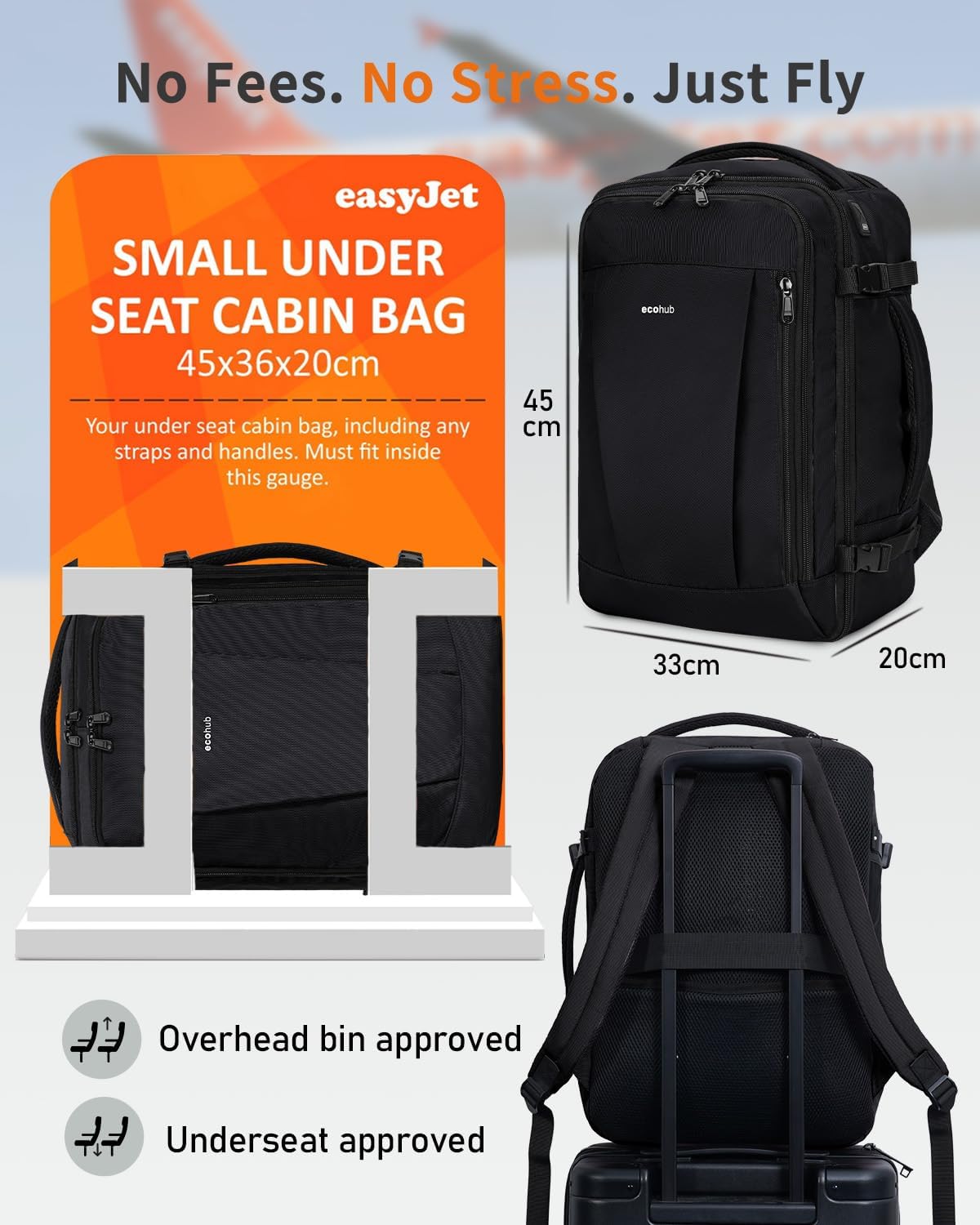 Detalle de ECOHUB Easyjet Cabin Bag 45x36x20: 30L Underseat Backpack, 100% Recycled, Waterproof