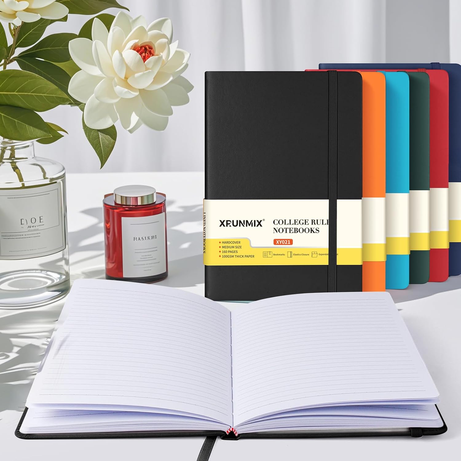 Thumbnail 6 de XRUNMIX A5 Hardcover Notebook (8 Pack) – Lined, 100gsm, with Inner Pocket, Ribbon & Elastic Closure