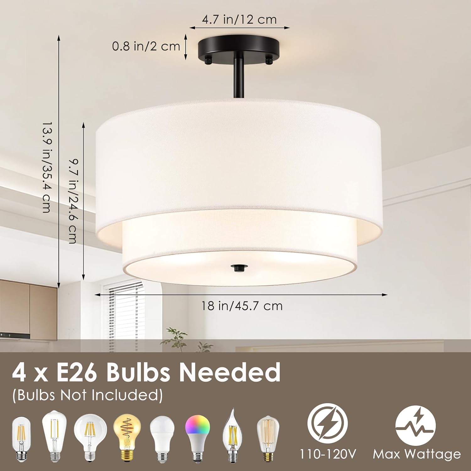 Thumbnail 6 de Maichixin 18-Inch Semi-Flush Mount Ceiling Light, 4-Light, White Fabric Shade