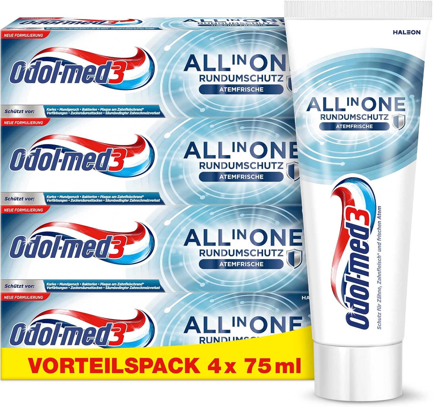 Detalle de Odol-med3 All in One Schutz Atemfrisch Zahnpasta 4 x 75 ml – Frischer Atem und umfassender Mundschutz