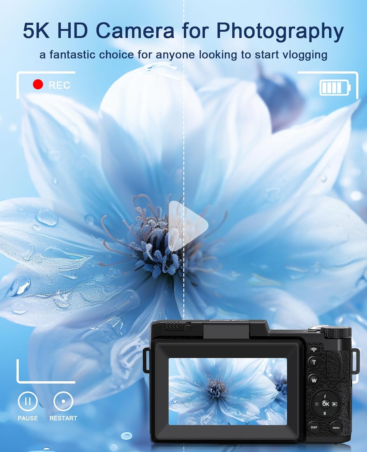 Thumbnail 1 de 5K Digitalkamera mit 64 MP, WLAN, 180°-Display und 2 Akkus – kompakte Foto- und Vlogging-Kamera für Einsteiger