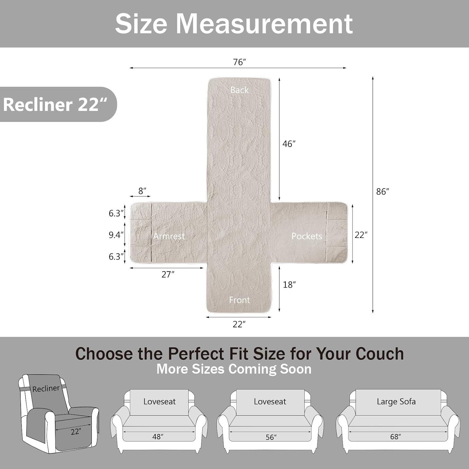 Thumbnail 5 de Pamhaven Beige Quilted Recliner Chair Covers (Water-Repellent, Pet Friendly, Washable) for Recliners up to 22