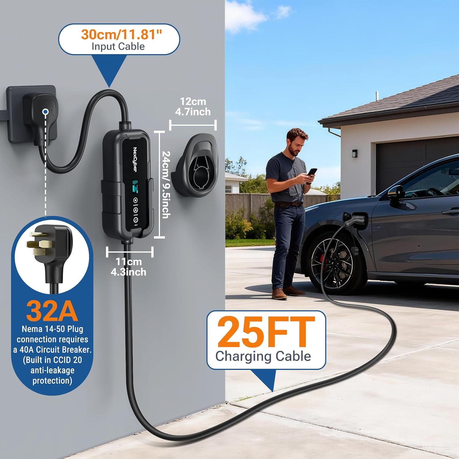 Thumbnail 5 de NexCyber Level 2 EV Charger 32A with WiFi & Plug-Play — 240V, NEMA 14-50P, 25ft Cable (J1772)