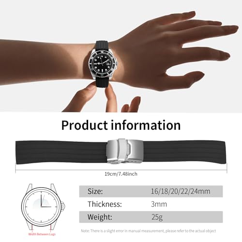 Detalle de ULLCHRO Cinturini per Orologi Impermeabili: Stripe Pattern in Silicone con Fibbia Deployante 22 mm - Nero