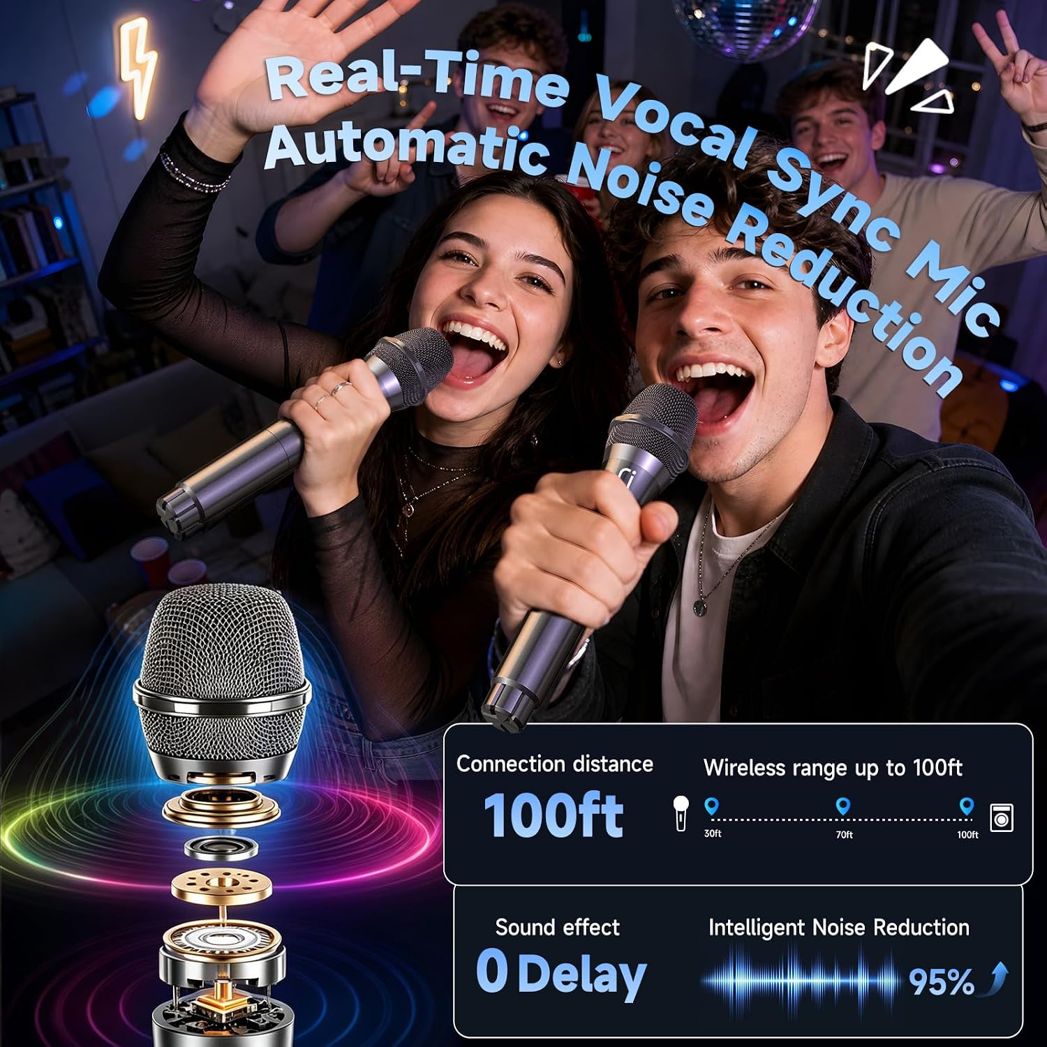 Detalle de HWWR S55 Karaoke Machine, 200W Peak, Wood Cabinet, Dual Wireless Mics