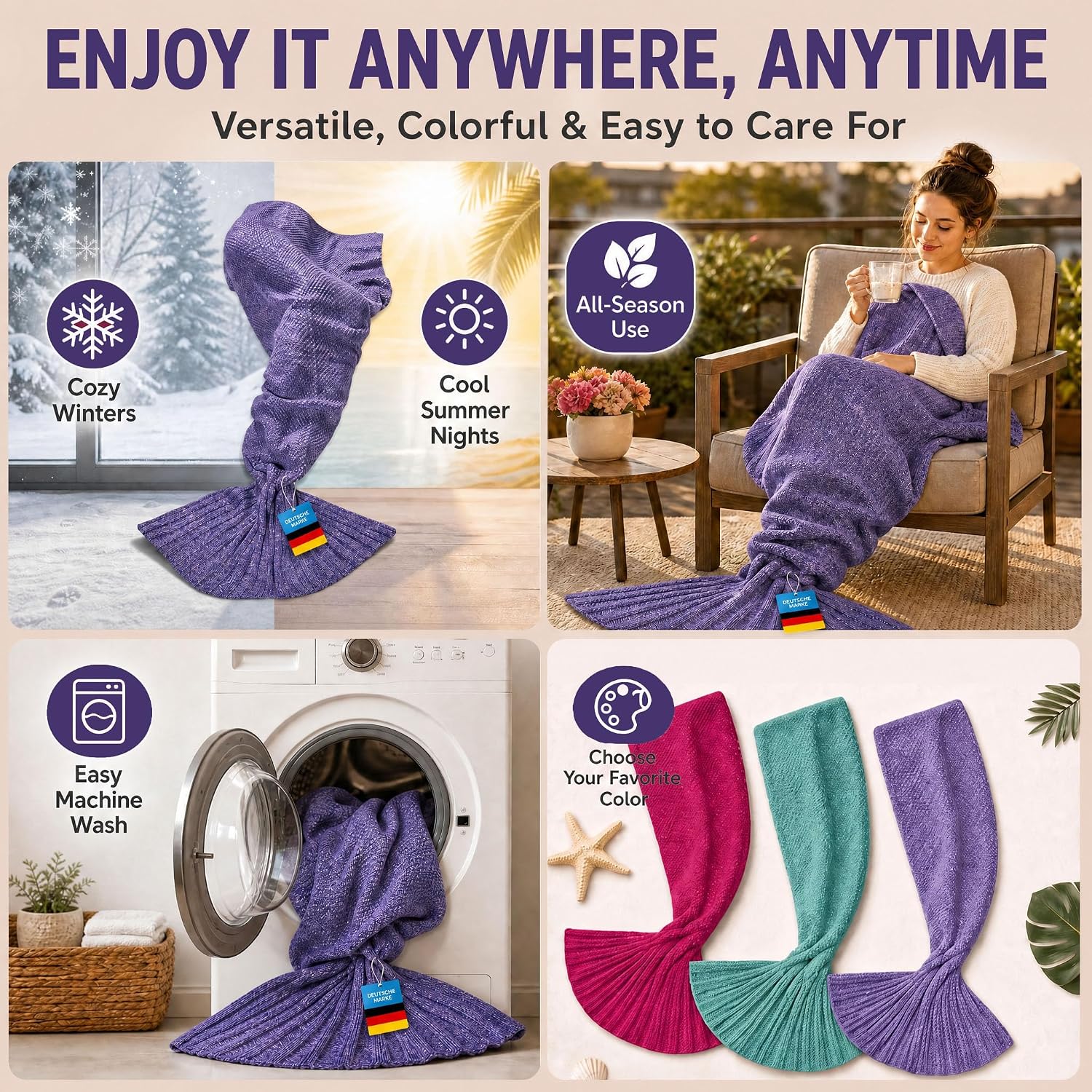 Detalle 2 de Feluna Mermaid Tail Blanket, knitted acrylic blanket, 180 x 85 cm, violet purple