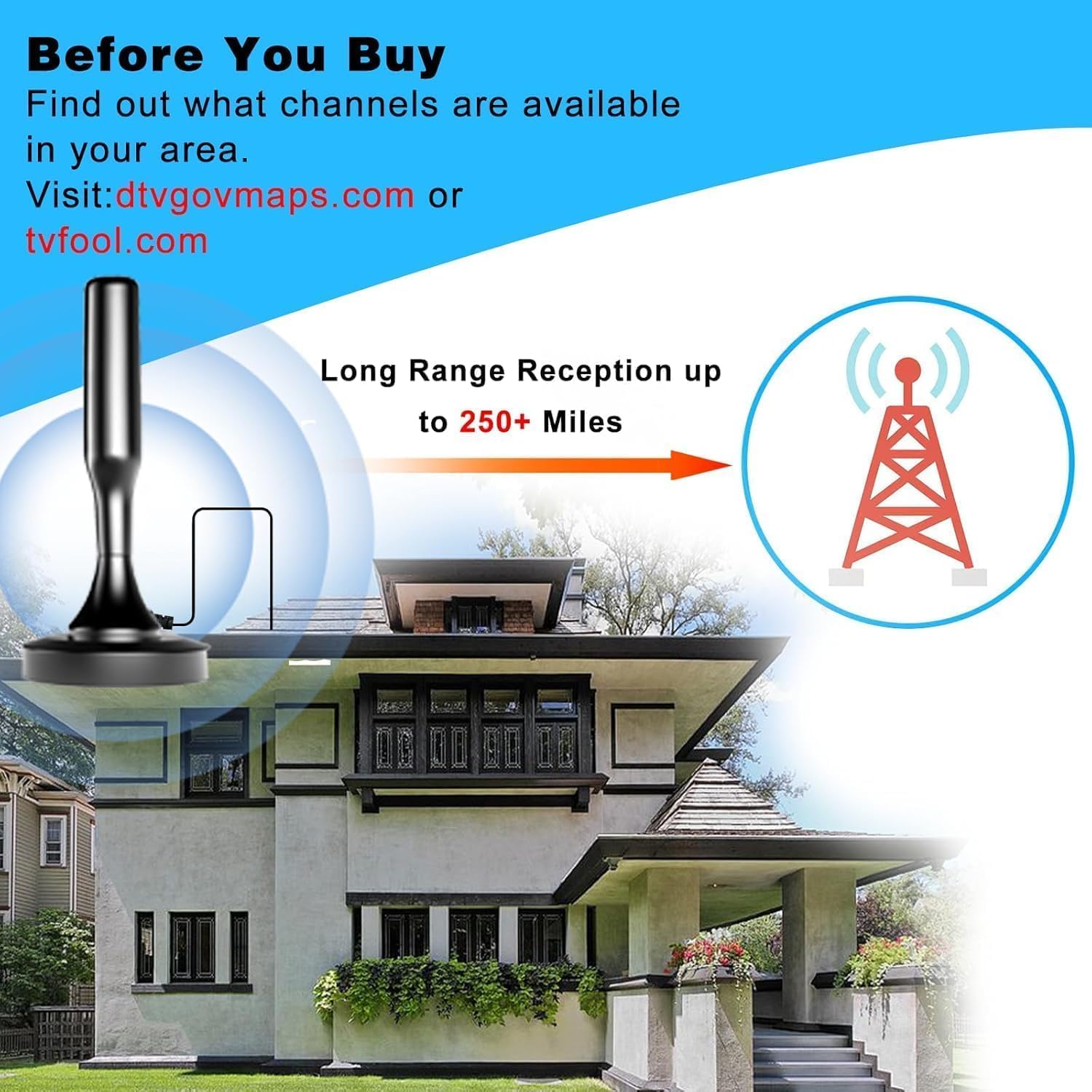 Detalle de Indoor TV Antenna for Local Channels with 16.5 ft Cable – 4K/1080p Support, Easy Setup