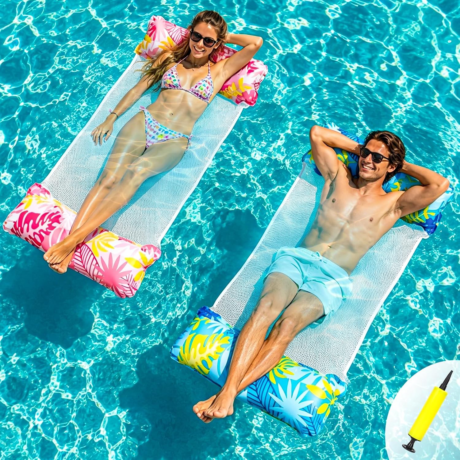 Detalle de Pool Hammock Floats Adults 2 Pack – 4 in 1 Multi-Purpose Inflatable Pool Floats with Air Pump