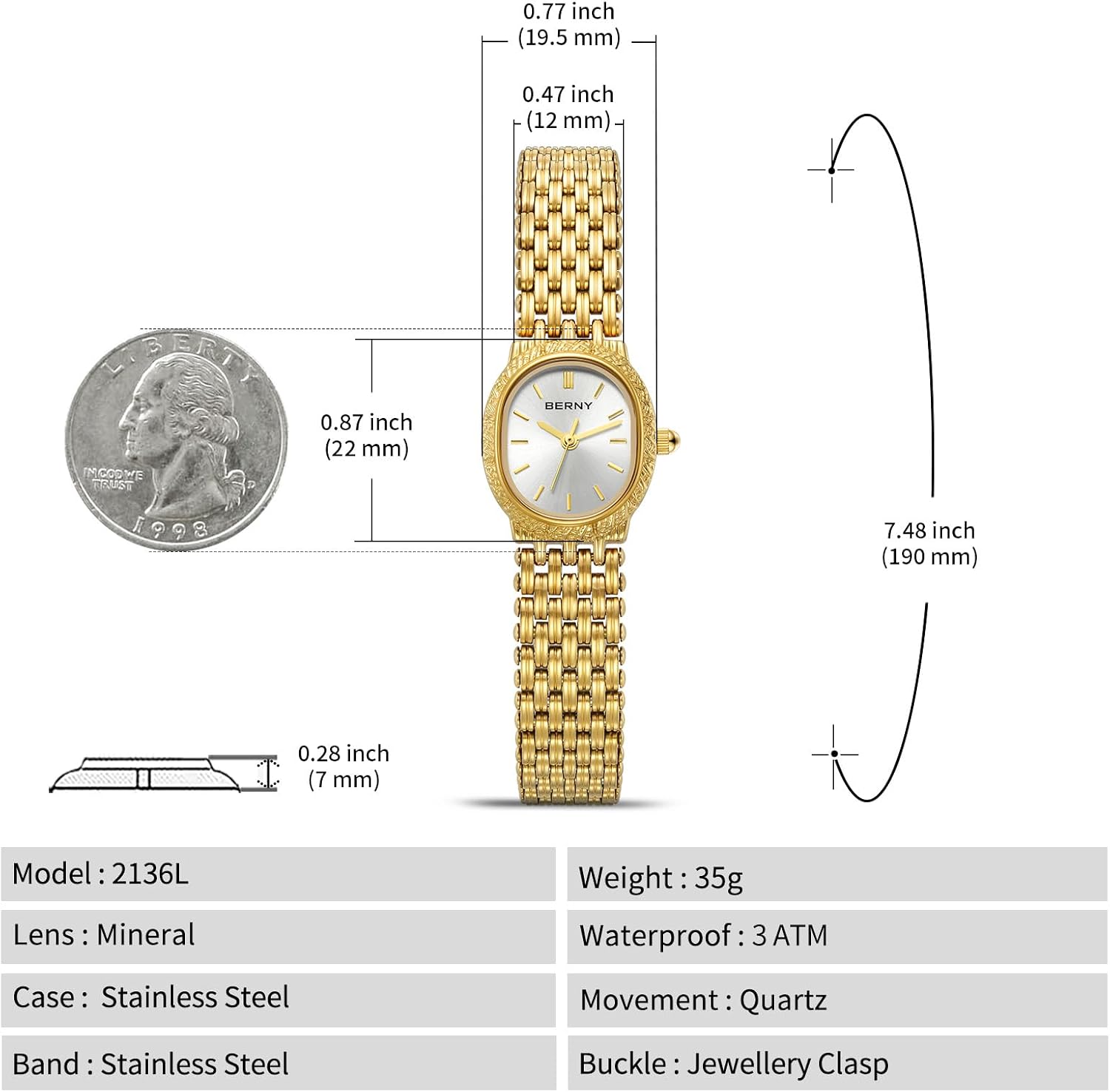 Thumbnail 5 de BERNY Gold Uhr Damen Oval Quarz Damenuhr