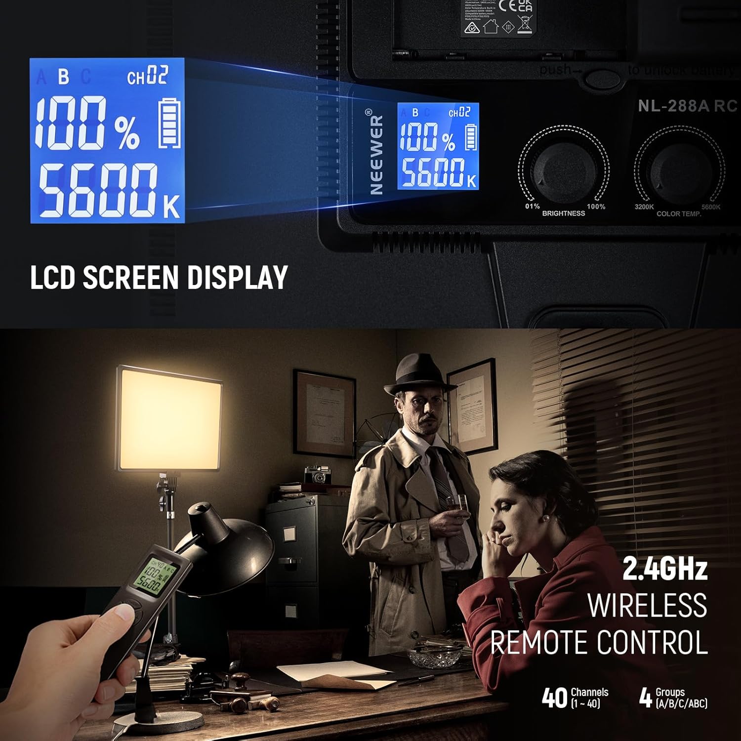 Detalle de NEEWER 18" NL-288ARC 45W Bi-Colour LED Video Light Panel Kit (2 Pack) with Tripods & 2.4G Remote