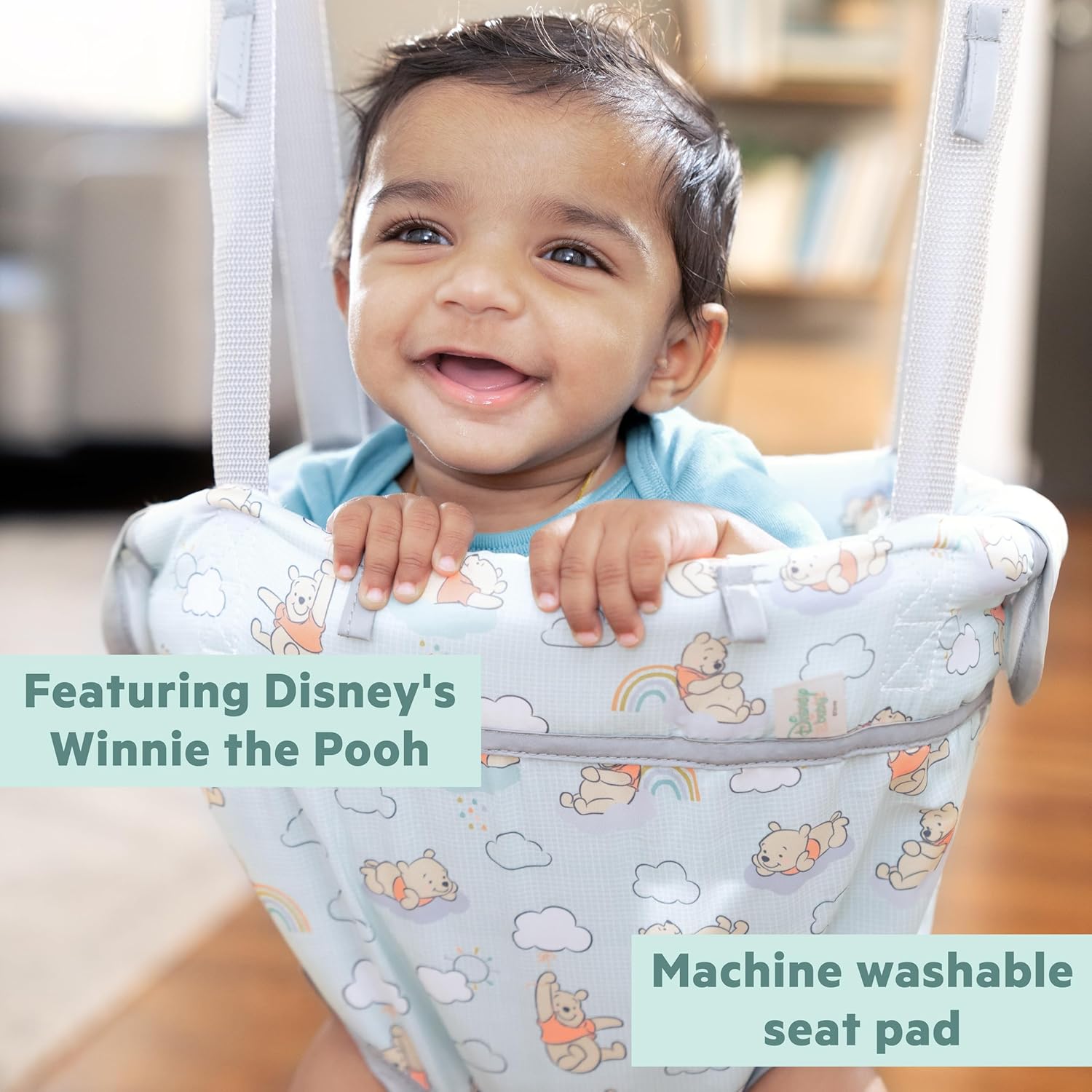 Detalle de Bright Starts Altalena da Porta Winnie the Pooh – Dondolo Neonati, Regolabile, Fissaggio senza attrezzi (4-12 mesi, fino a 12 kg)