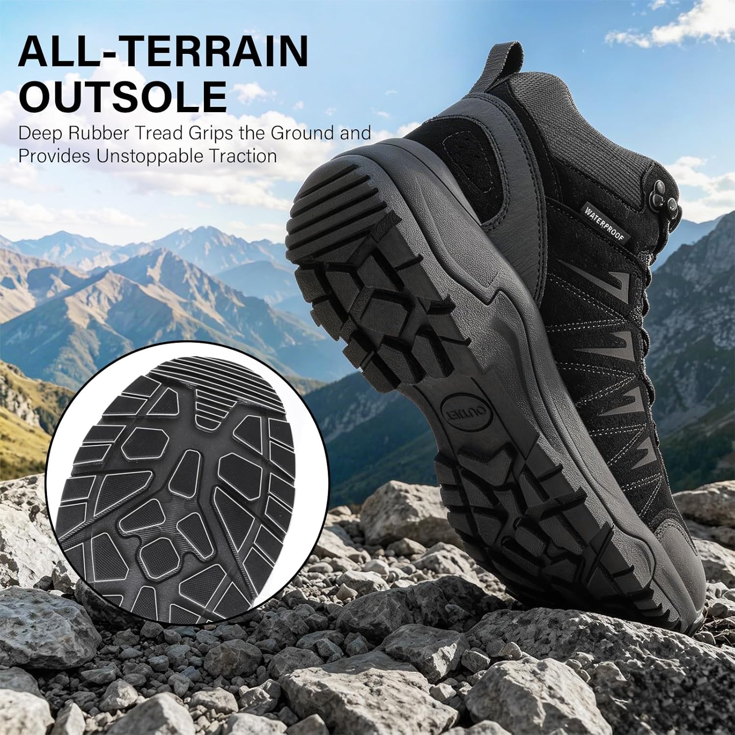 Detalle de OUTJET Men's Waterproof Hiking Boots: Lightweight, Durable Leather Mid Ankle Boots